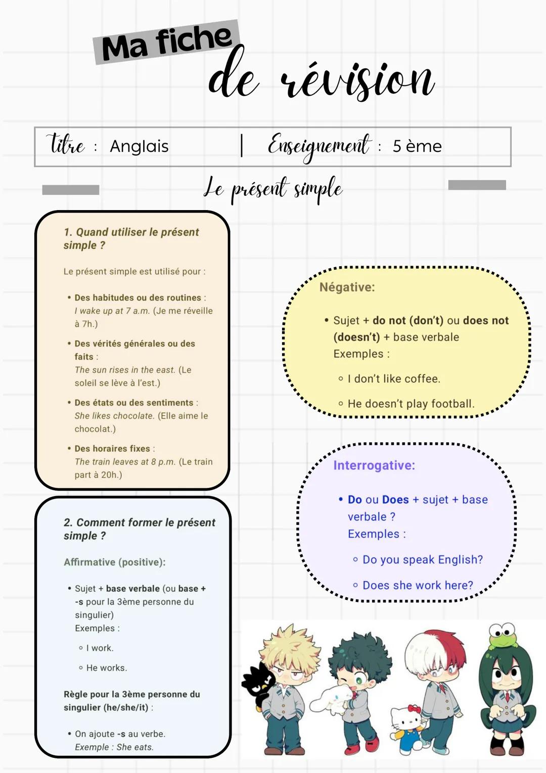 Ma fiche
titre Anglais
: :
1. Quand utiliser le présent
simple ?
Le présent simple est utilisé pour :
• Des habitudes ou des routines:
de ré