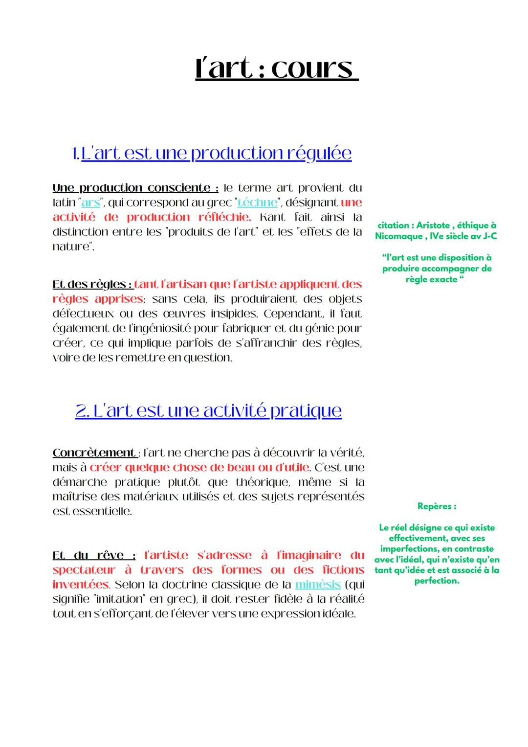 l'art: cours
1. L'art est une production régulée
Une production consciente : le terme art provient du
latin "ars", qui correspond au grec "t