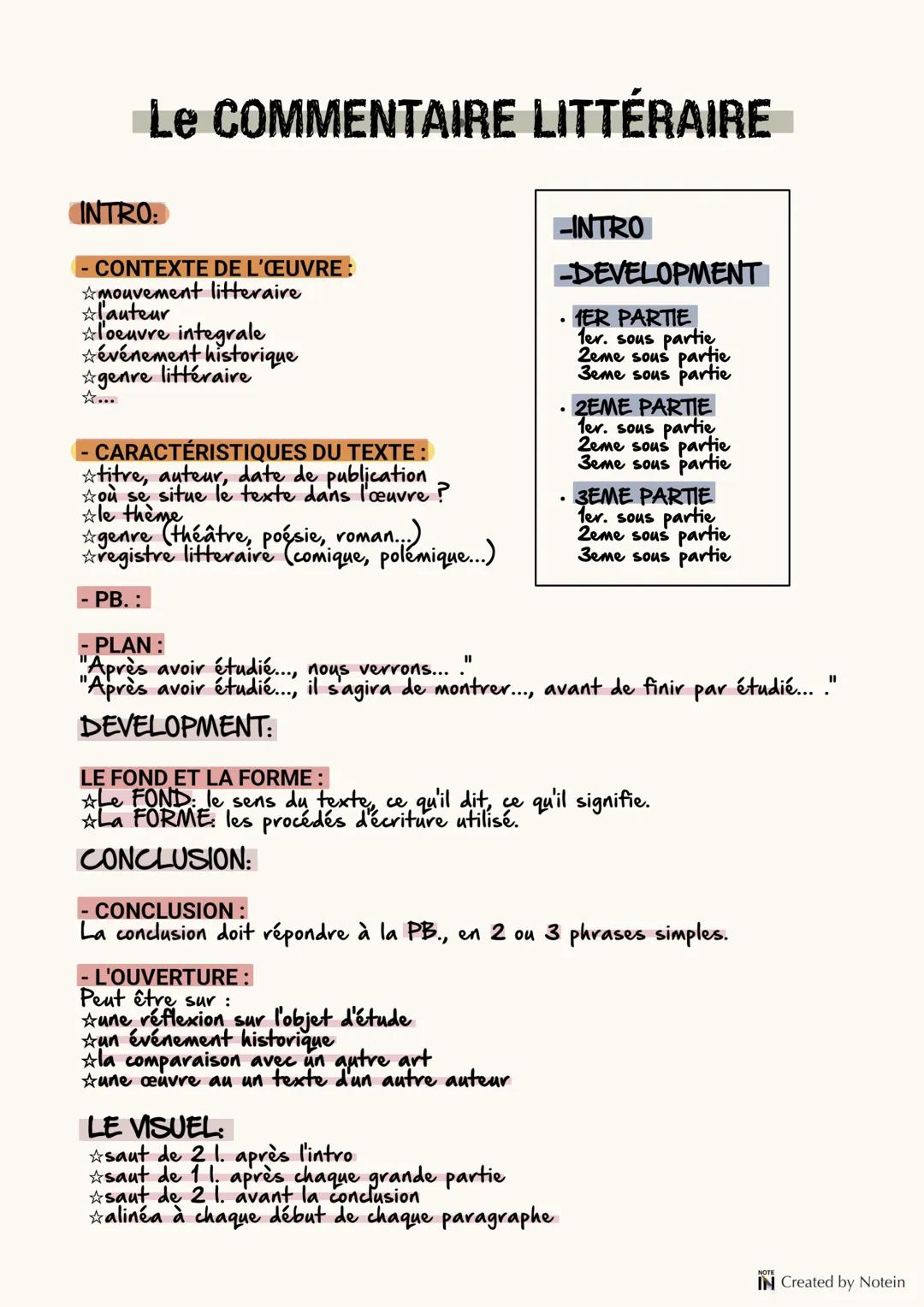 Le COMMENTAIRE LITTÉRAIRE
INTRO:
- CONTEXTE DE L'ŒUVRE :
mouvement litteraire
☆l'auteur
l'oeuvre integrale
événement historique
genre littér