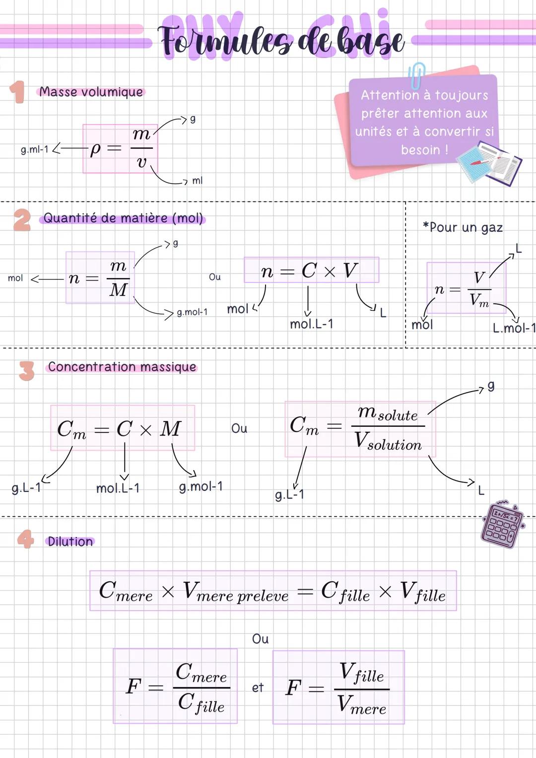 Masse volumique
Formules de base
Attention à toujours
prêter attention aux
unités et à convertir si
besoin !
-> 9
m
g.ml-1p
ข
> ml
Quantité