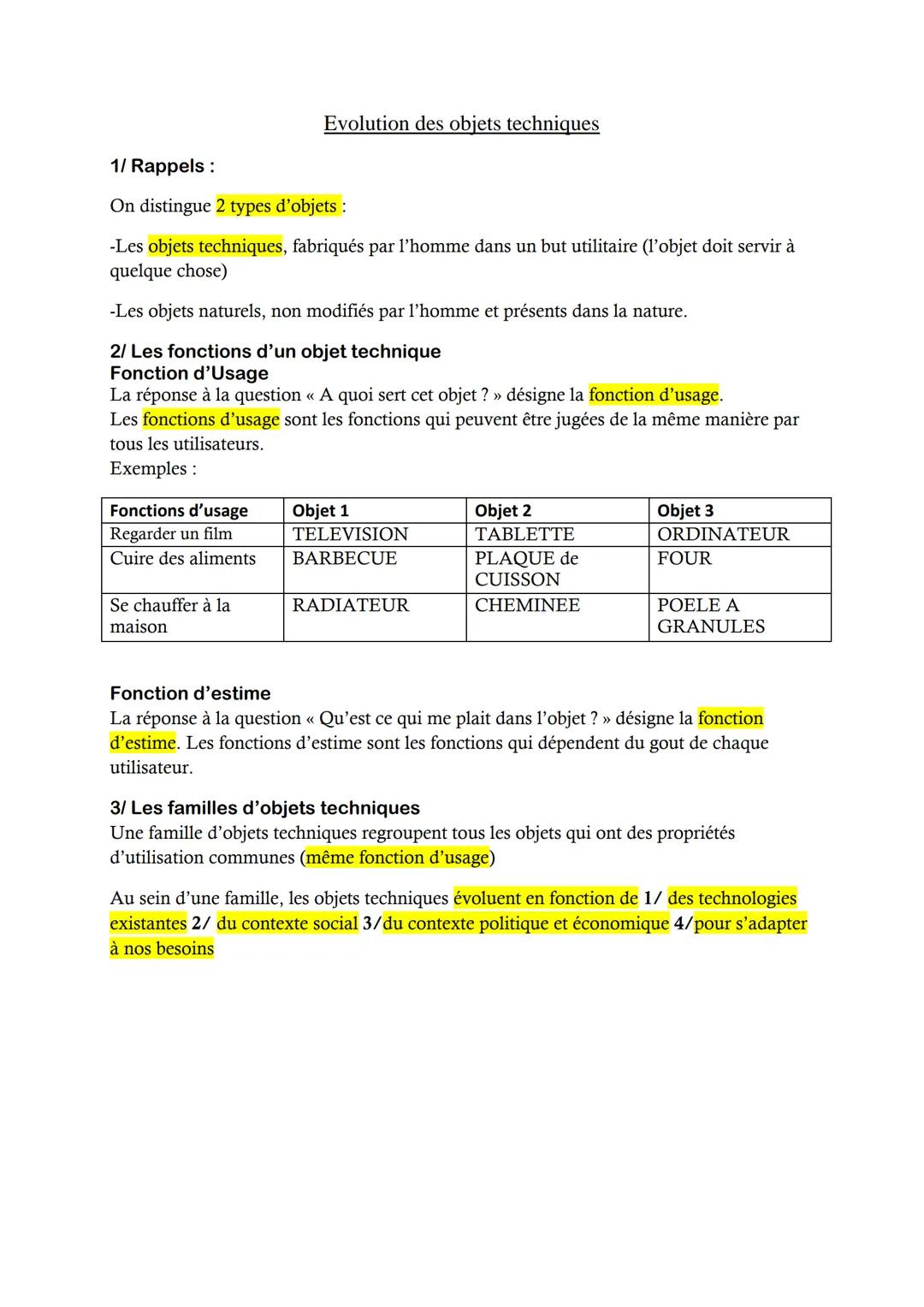1/ Rappels:
Evolution des objets techniques
On distingue 2 types d'objets :
-Les objets techniques, fabriqués par l'homme dans un but utilit