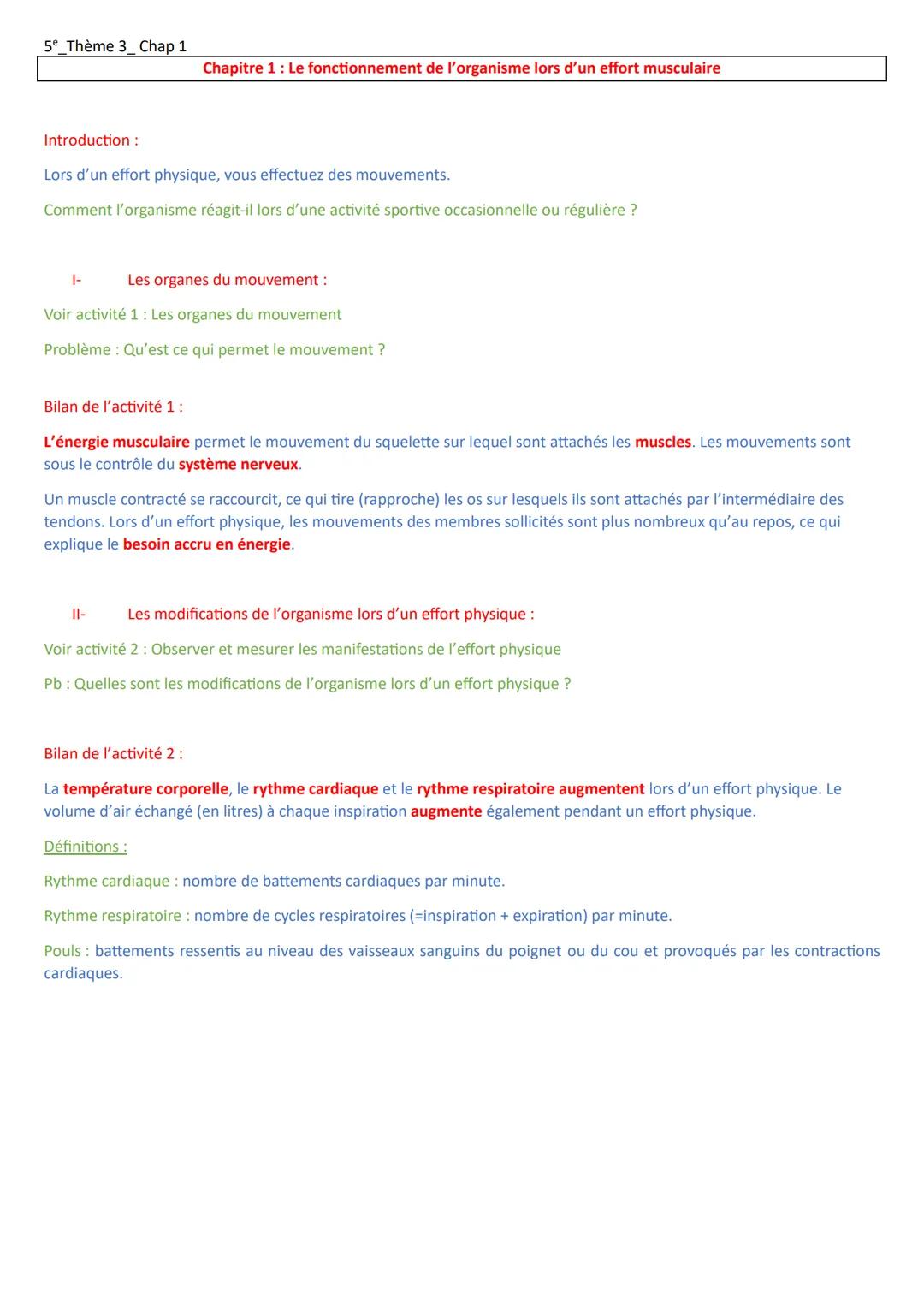 5º Thème 3_Chap 1
Chapitre 1: Le fonctionnement de l'organisme lors d'un effort musculaire
Introduction:
Lors d'un effort physique, vous