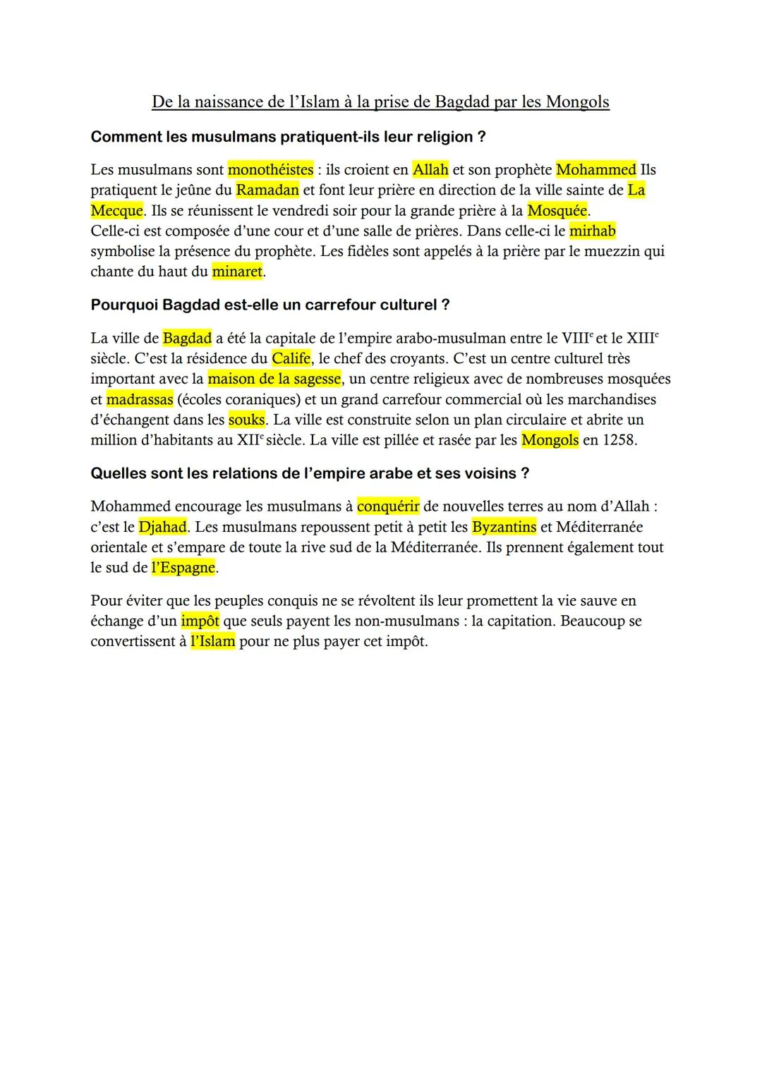 De la naissance de l'islam à la prise de Bagdad par les Mongols