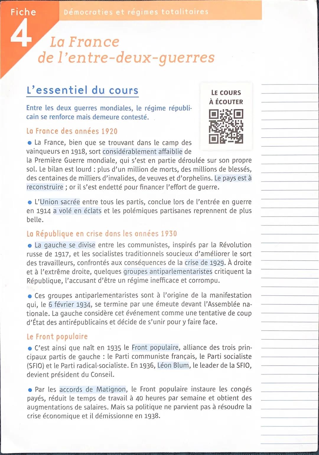 Fiche Démocraties et régimes totalitaires
4
La France
de l'entre-deux-guerres
L'essentiel du cours
Entre les deux guerres mondiales, le