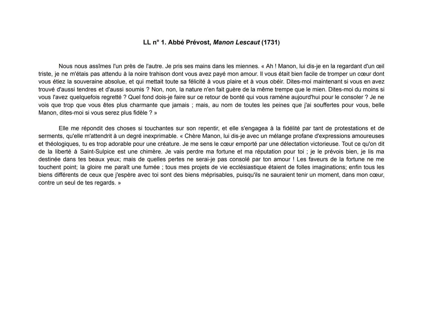LL n° 1. Abbé Prévost, Manon Lescaut (1731)
Nous nous assîmes l'un près de l'autre. Je pris ses mains dans les miennes. « Ah! Manon, lui dis