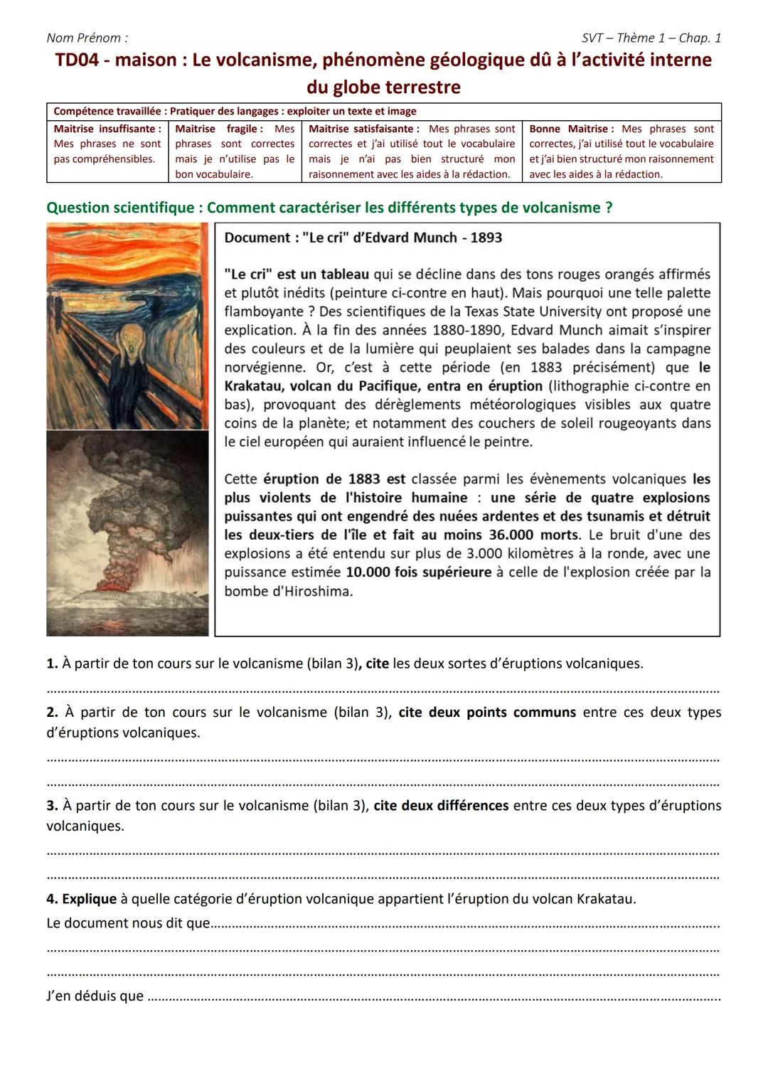 Nom Prénom :
SVT Thème 1 - Chap. 1
Chapitre 1: Les risques naturels liés aux séismes et aux éruptions volcaniques
Bilan § 3 : Le volcanisme,
