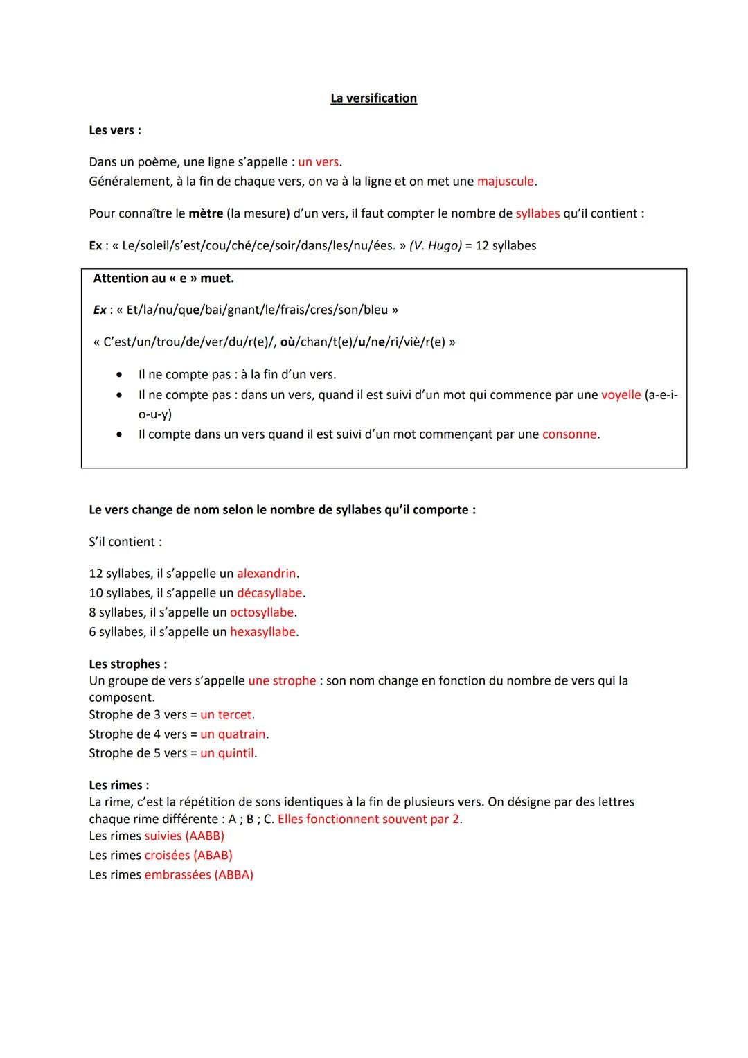 La versification
Les vers:
Dans un poème, une ligne s'appelle : un vers.
Généralement, à la fin de chaque vers, on va à la ligne et on met u