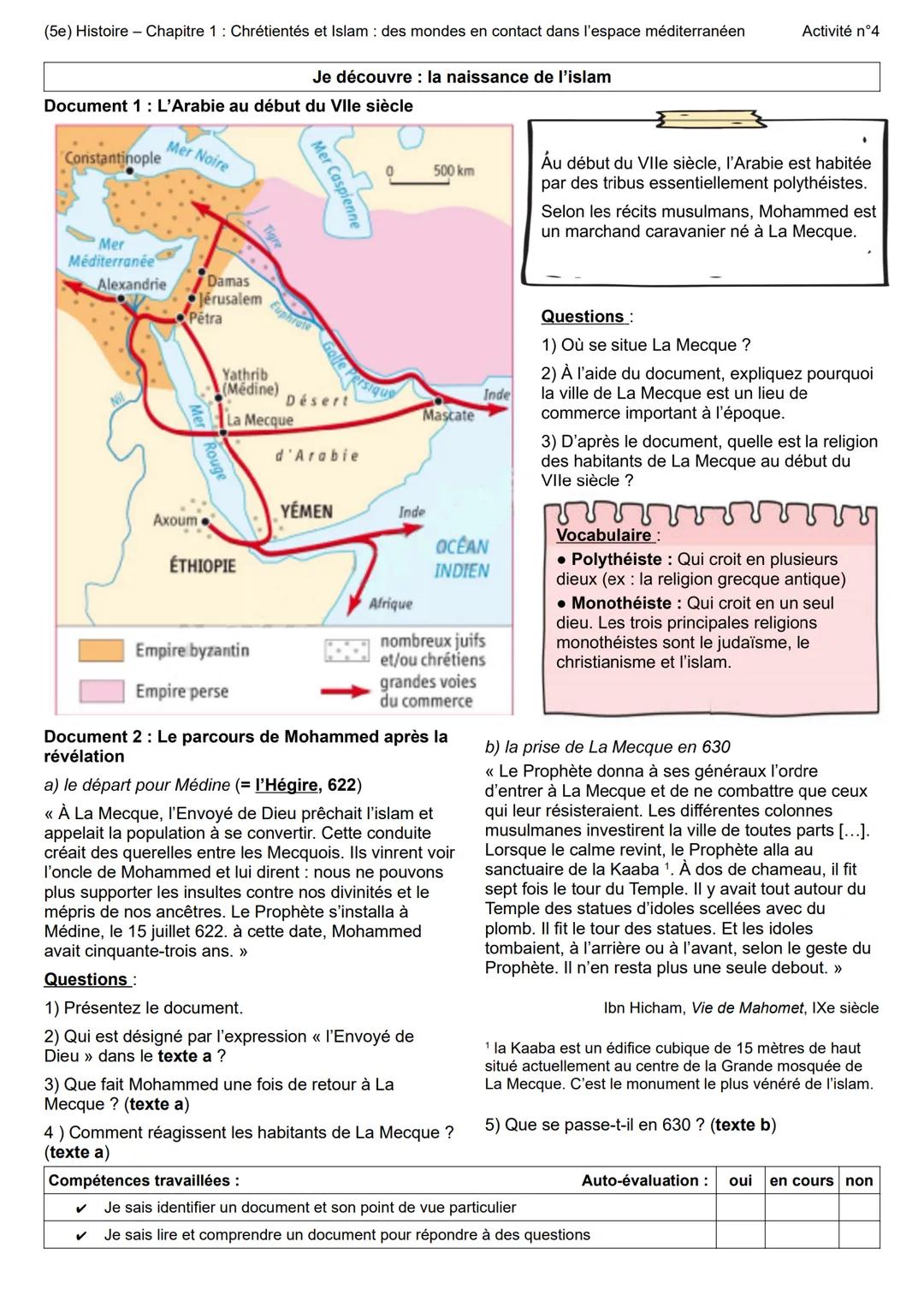 (5e) Histoire Chapitre 1: Chrétientés et Islam des mondes en contact dans l'espace méditerranéen
Je découvre : la naissance de l'islam
Docum