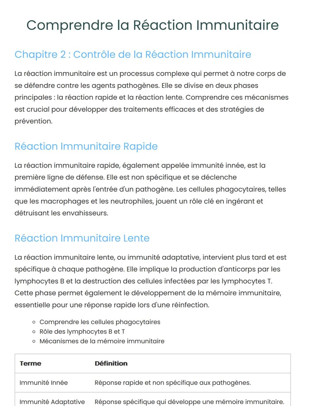 # Comprendre la Réaction Immunitaire
## Chapitre 2: Contrôle de la Réaction Immunitaire
La réaction immunitaire est un processus complexe