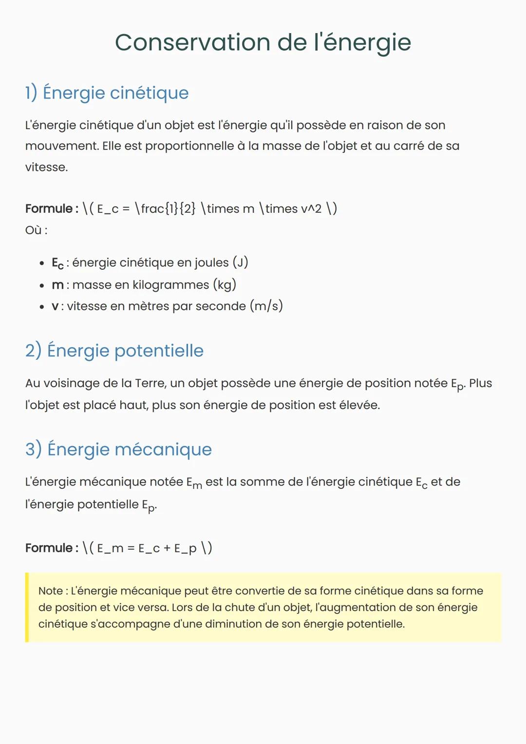 # Conservation de l'énergie
1) Énergie cinétique
L'énergie cinétique d'un objet est l'énergie qu'il possède en raison de son
mouvement. El