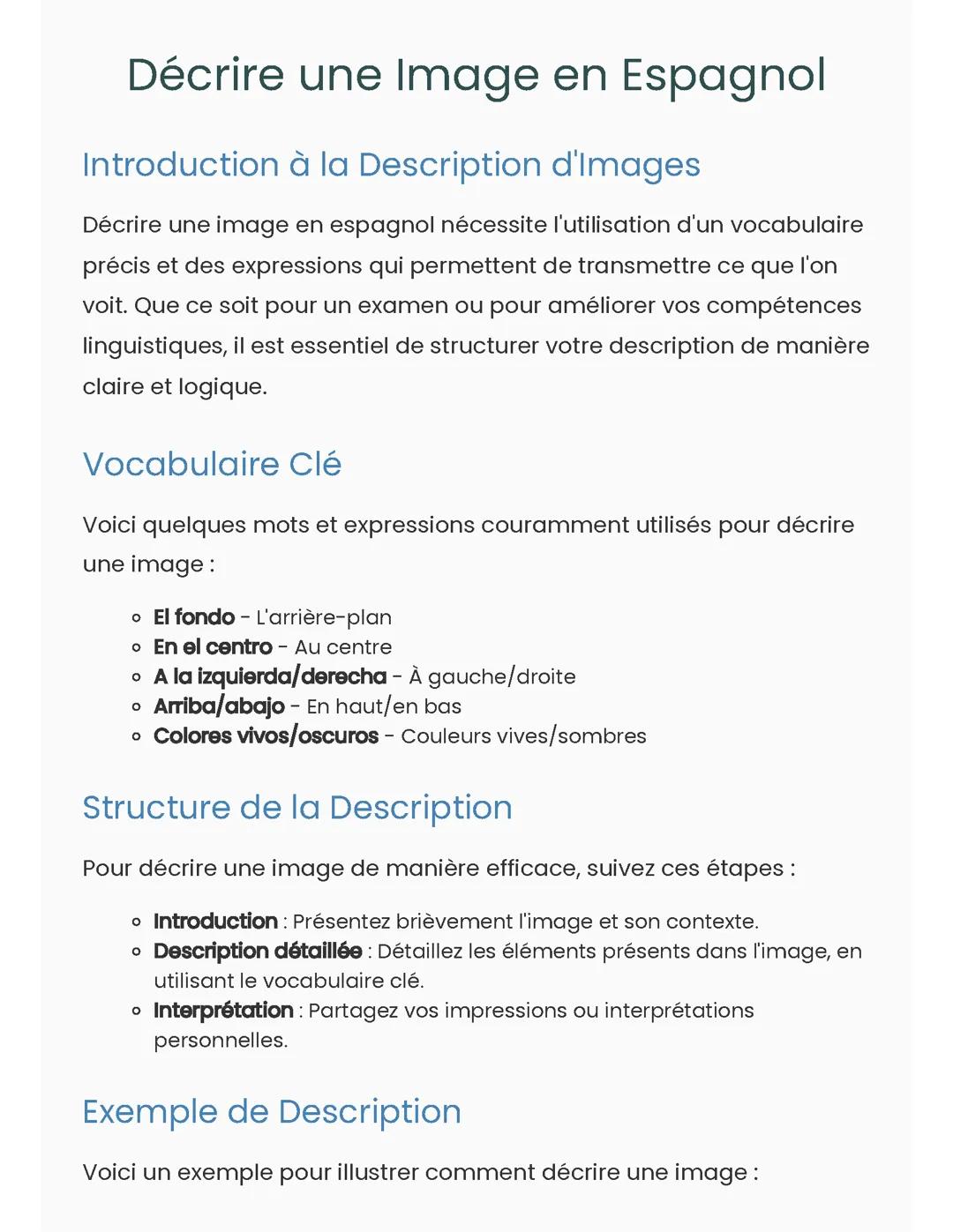 Décrire une Image en Espagnol