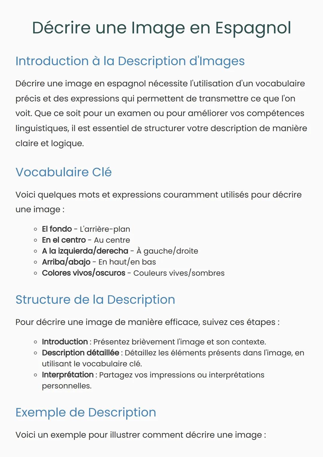 Décrire une Image en Espagnol
Introduction à la Description d'Images
Décrire une image en espagnol nécessite l'utilisation d'un vocabulaire