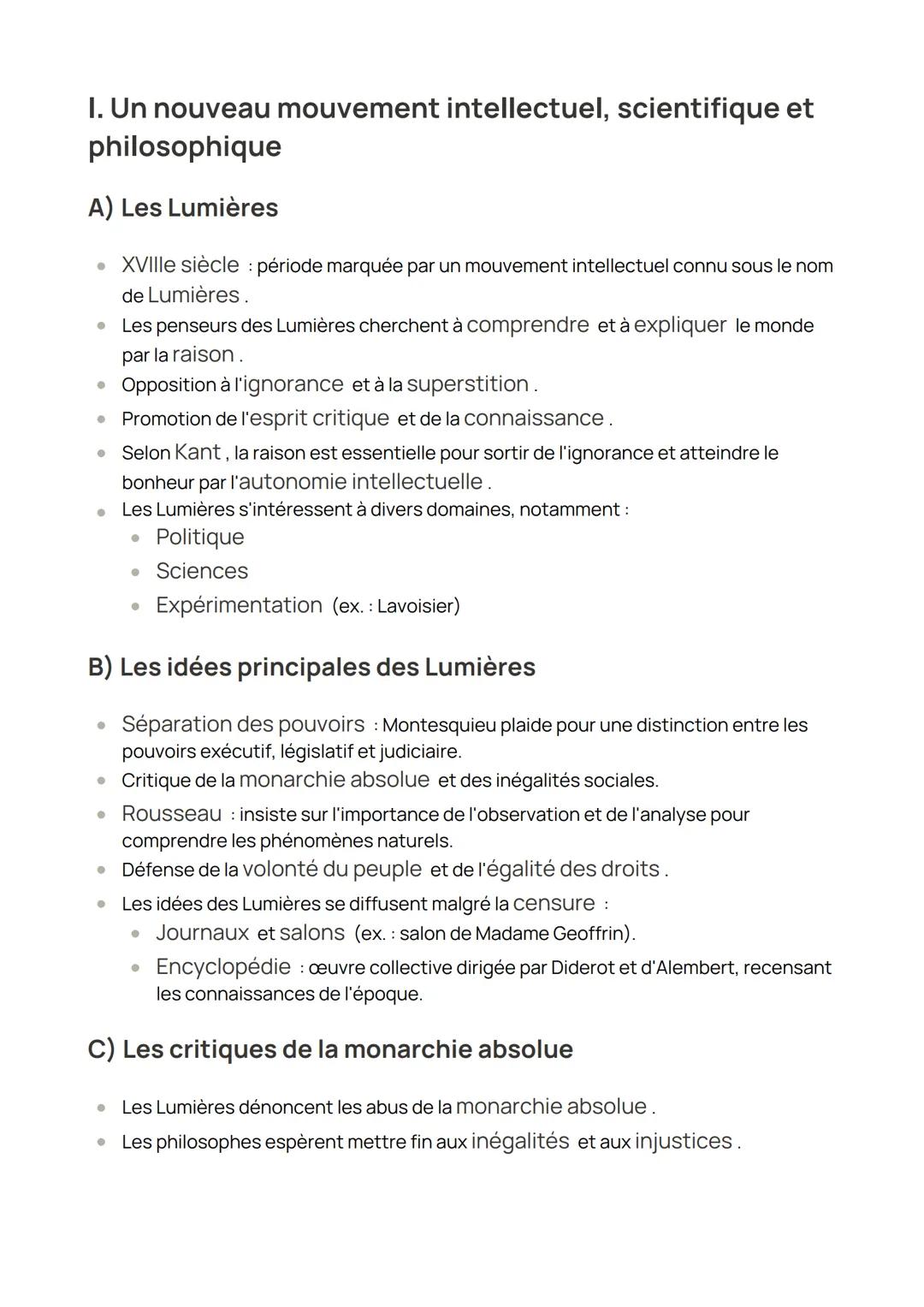 I. Un nouveau mouvement intellectuel, scientifique et
philosophique
A) Les Lumières
• XVIIIe siècle : période marquée par un mouvement intel