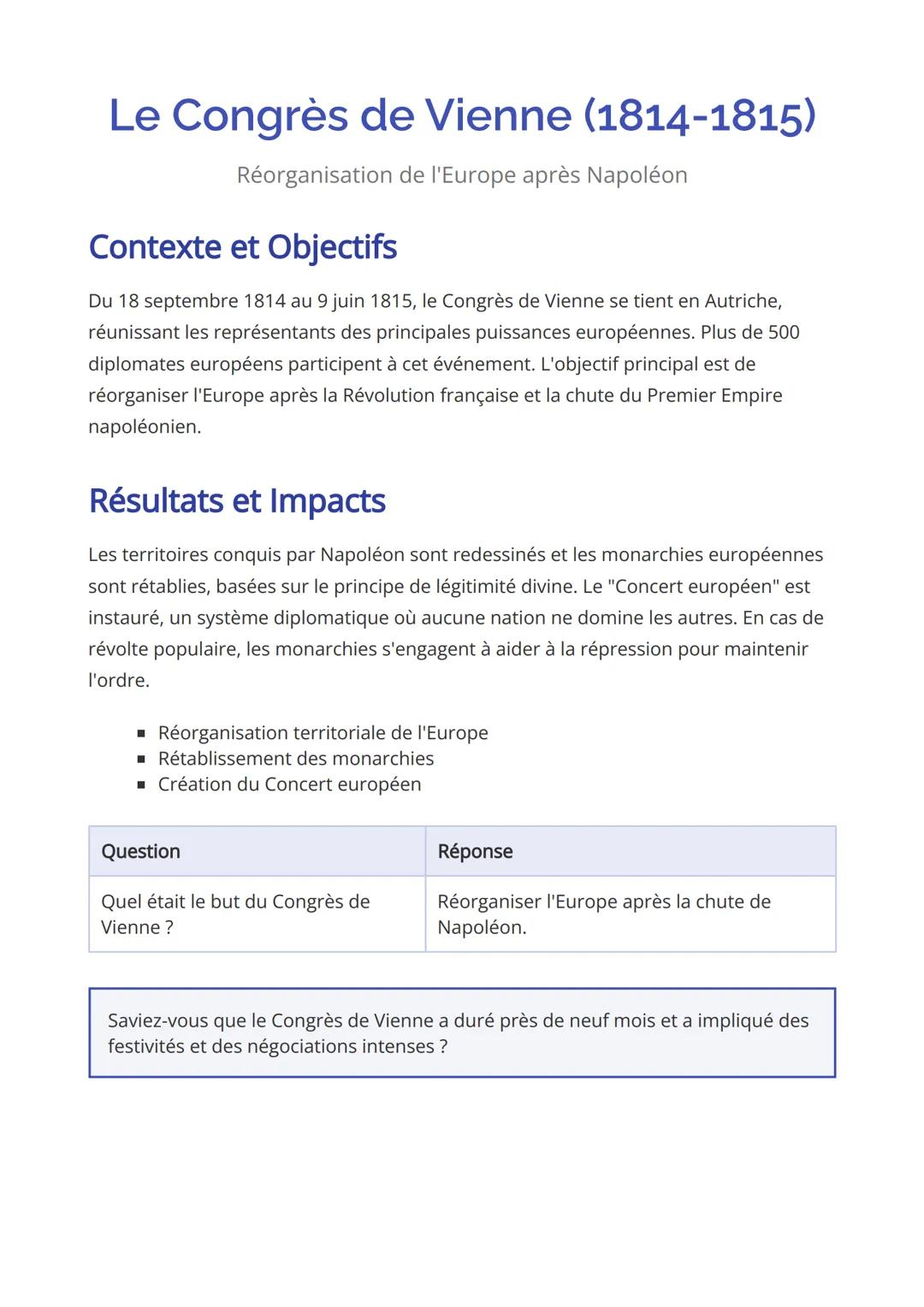 Le Congrès de Vienne (1814-1815)
Réorganisation de l'Europe après Napoléon
Contexte et Objectifs
Du 18 septembre 1814 au 9 juin 1815, le Con