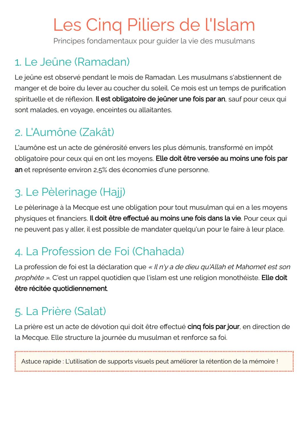 # Les Cinq Piliers de l'Islam
Principes fondamentaux pour guider la vie des musulmans
1. Le Jeûne (Ramadan)
Le jeûne est observé pendant l