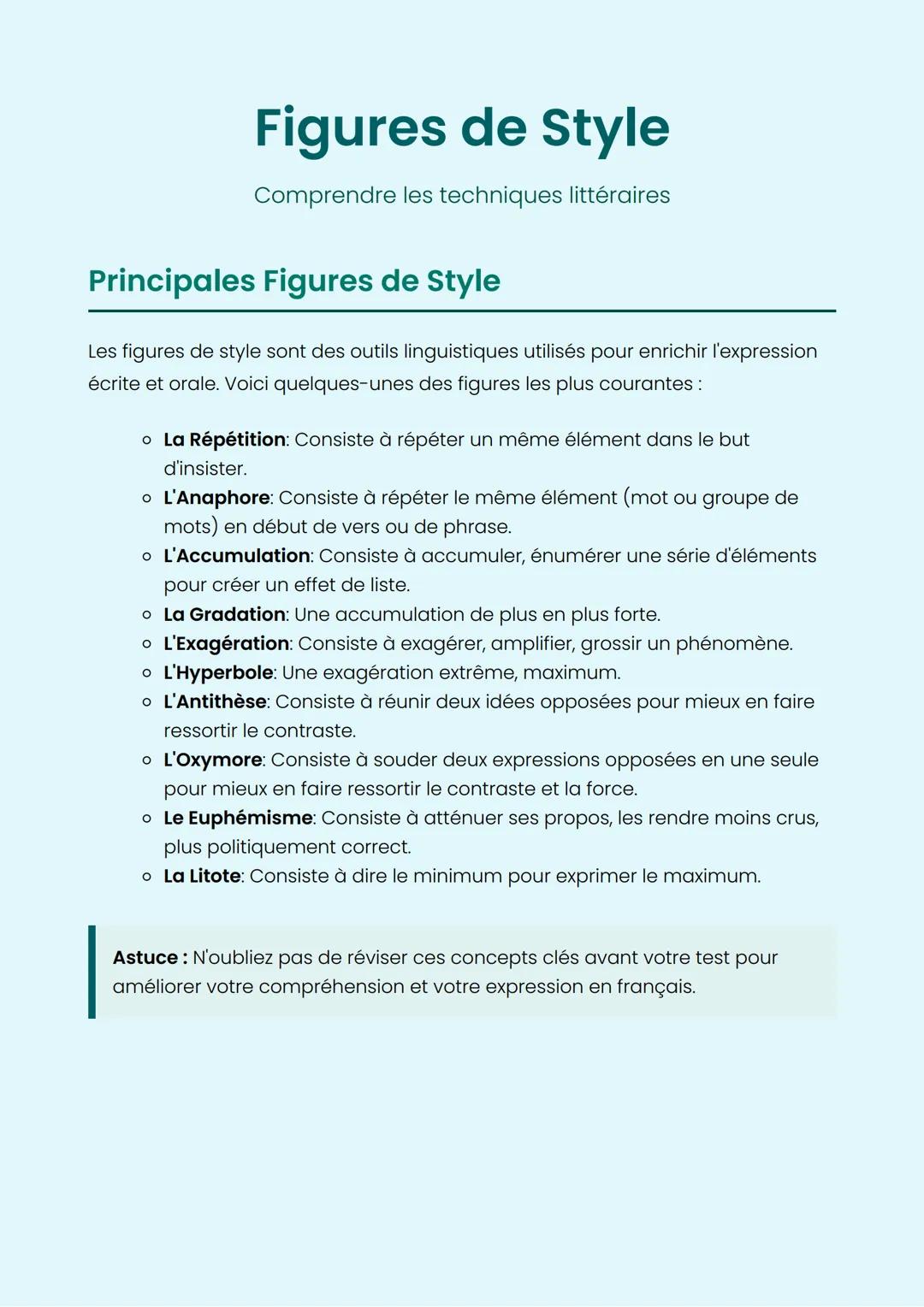 # Figures de Style
Comprendre les techniques littéraires
## Principales Figures de Style
Les figures de style sont des outils linguistiqu