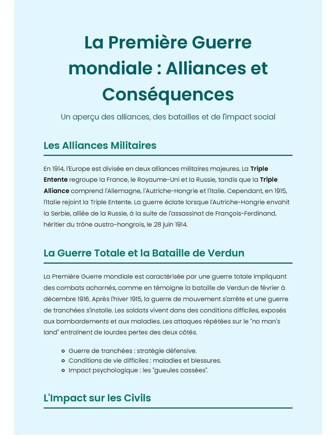 La Première Guerre mondiale : Alliances et Conséquences