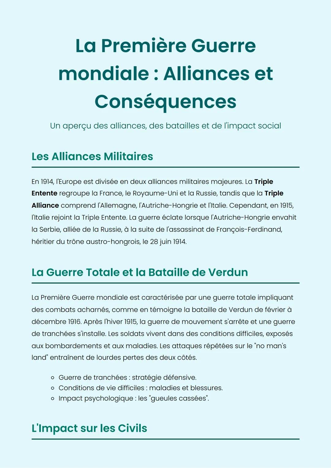 La Première Guerre
mondiale: Alliances et
Conséquences
Un aperçu des alliances, des batailles et de l'impact social
Les Alliances Militaires