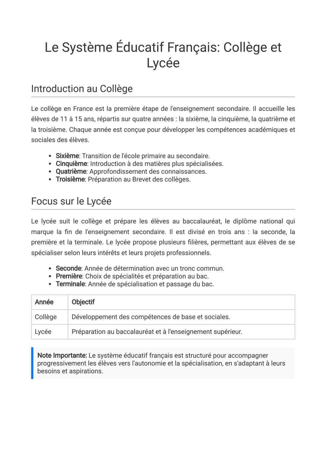 # Le Système Éducatif Français: Collège et
# Lycée
## Introduction au Collège
Le collège en France est la première étape de l'enseignement