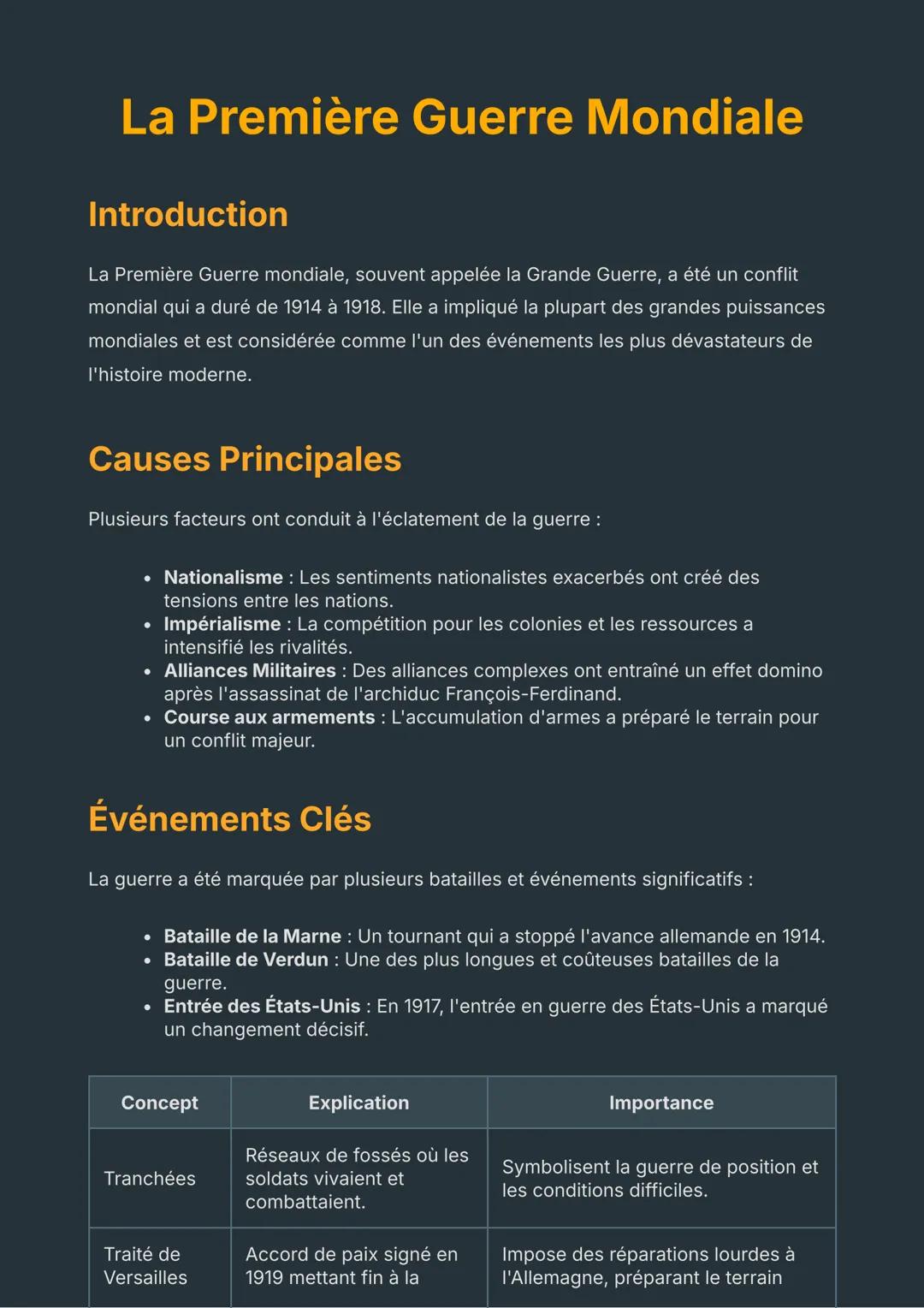 La Première Guerre Mondiale
Introduction
La Première Guerre mondiale, souvent appelée la Grande Guerre, a été un conflit
mondial qui a duré
