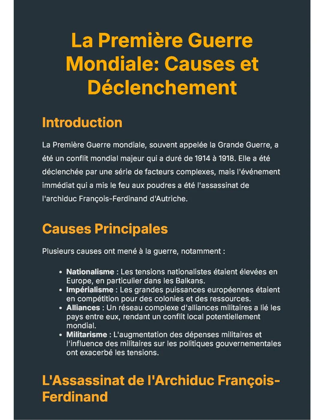La Première Guerre Mondiale: Causes et Déclenchement