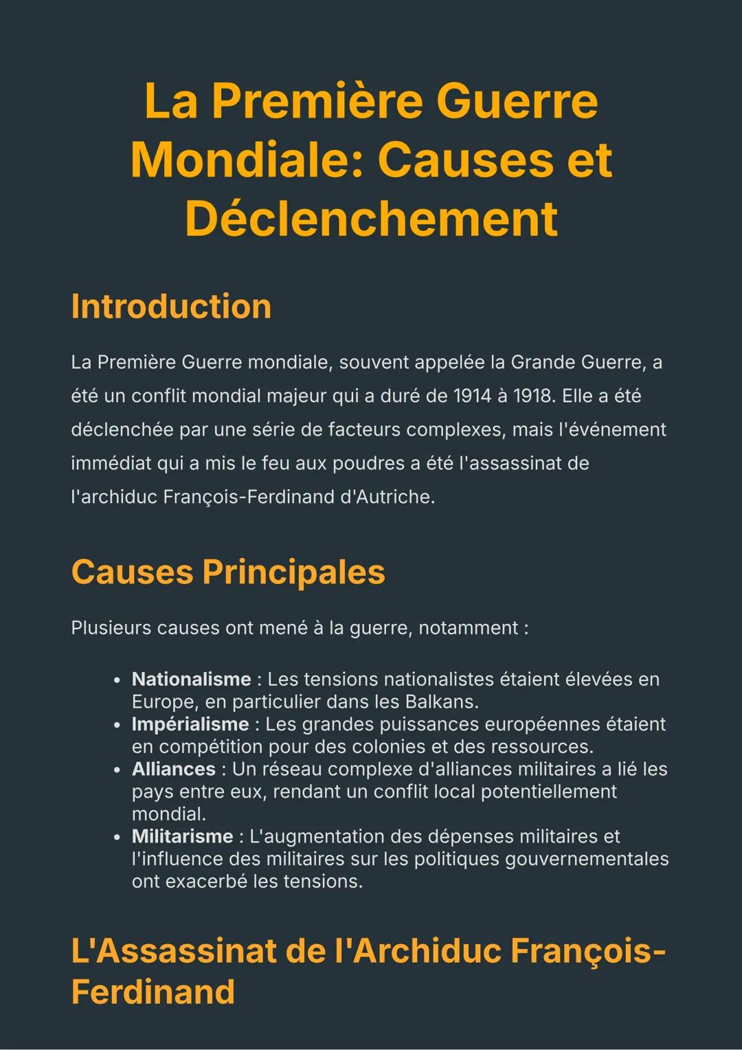La Première Guerre
Mondiale: Causes et
Déclenchement
Introduction
La Première Guerre mondiale, souvent appelée la Grande Guerre, a
été un co