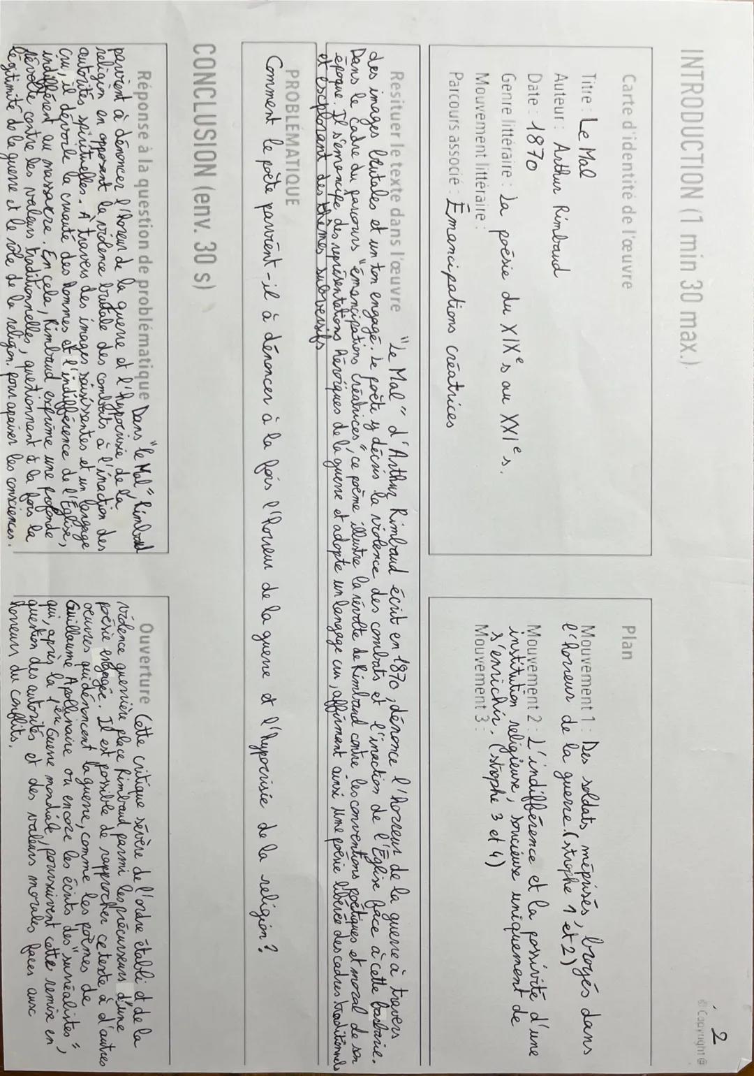 INTRODUCTION (1 min 30 max.)
Carte d'identité de l'œuvre
Titre: Le Mal
Auteur: Arthur Rimbaud
Date: 1870
Genre littéraire: La poésie du XI