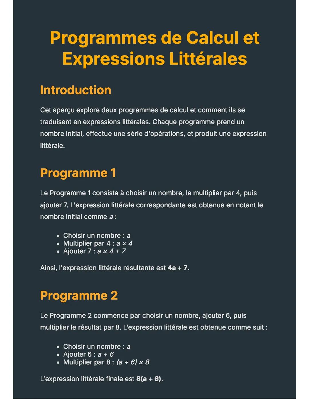 Programmes de Calcul et Expressions Littérales