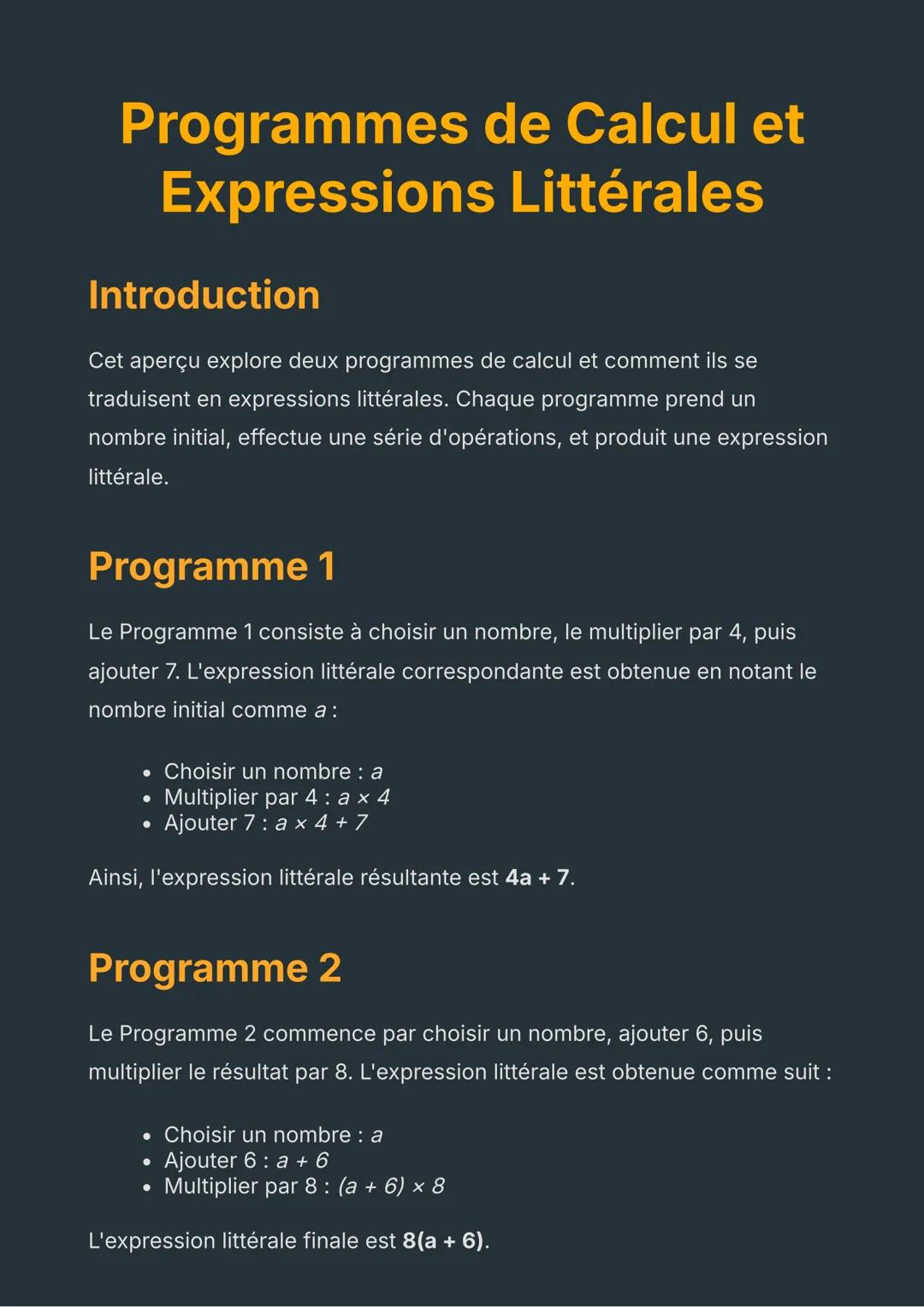 Programmes de Calcul et
Expressions Littérales
Introduction
Cet aperçu explore deux programmes de calcul et comment ils se
traduisent en exp