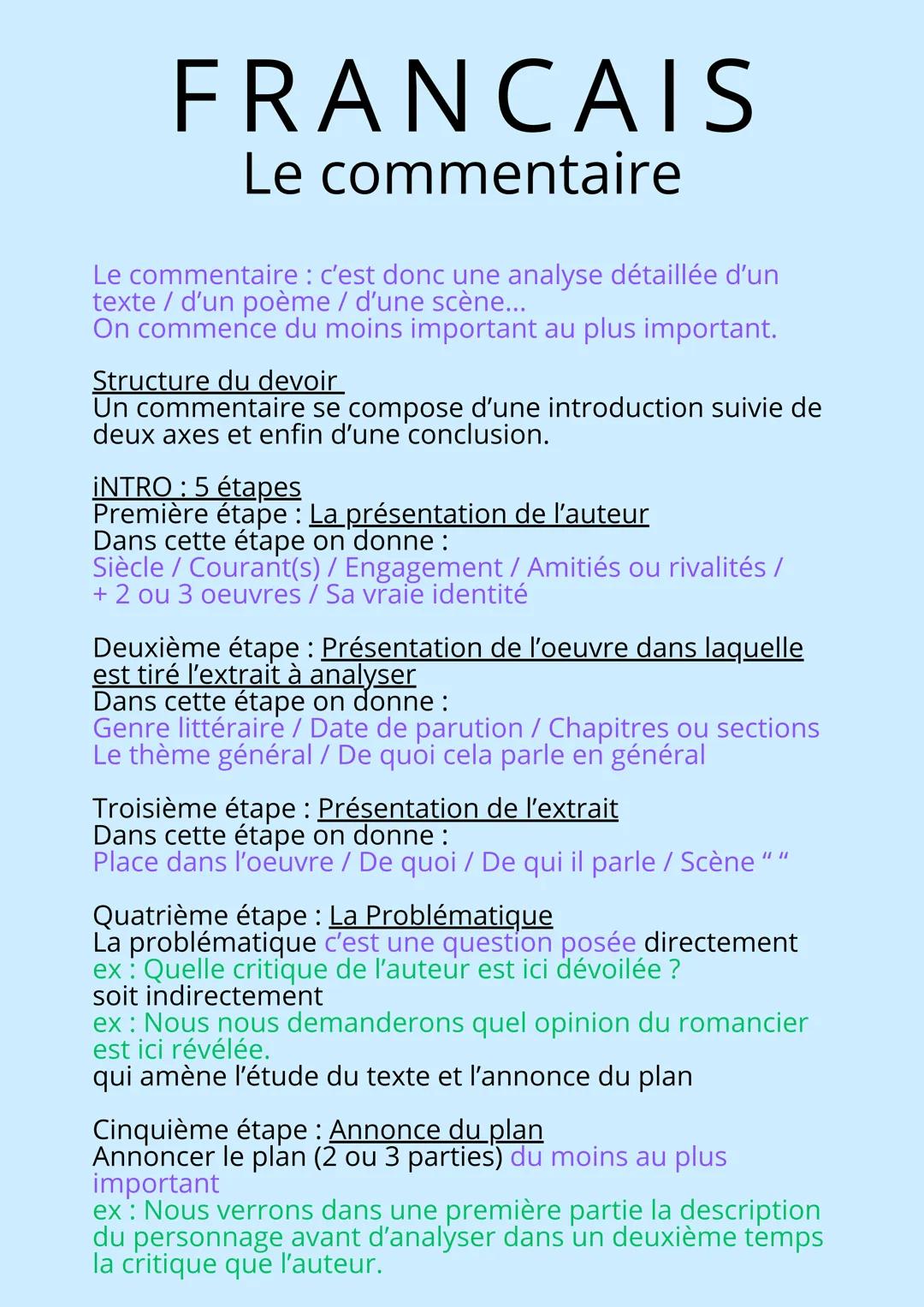 FRANCAIS
Le commentaire
Le commentaire : c'est donc une analyse détaillée d'un
texte / d'un poème / d'une scène...
On commence du moins impo