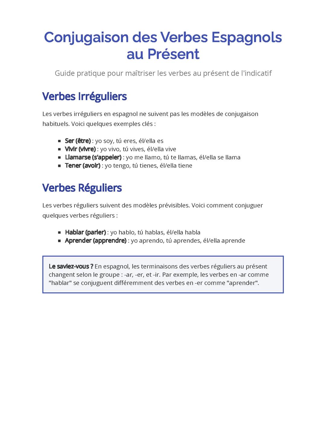 Conjugaison des Verbes Espagnols au Présent