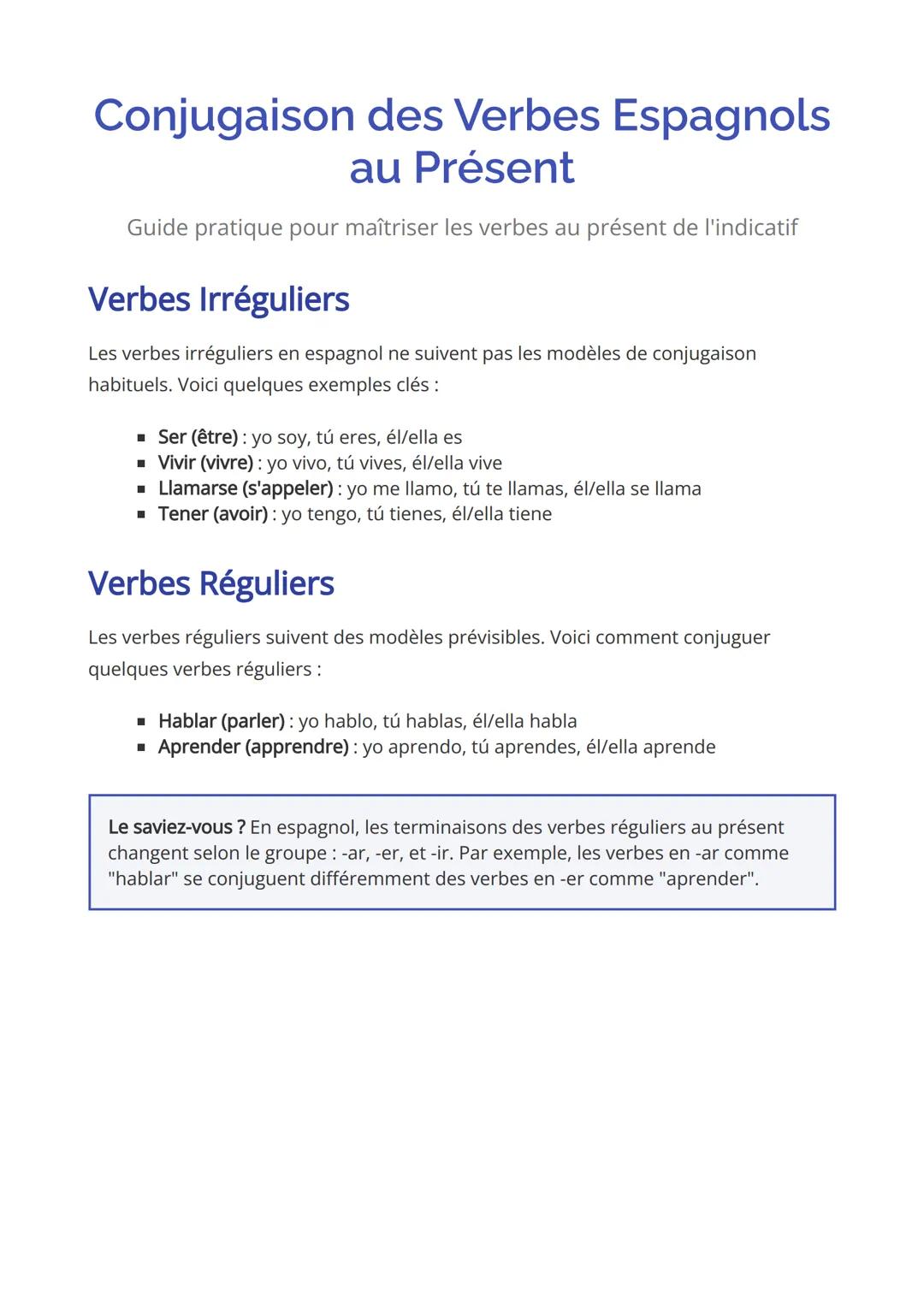 Conjugaison des Verbes Espagnols
au Présent
Guide pratique pour maîtriser les verbes au présent de l'indicatif
Verbes Irréguliers
Les verbes