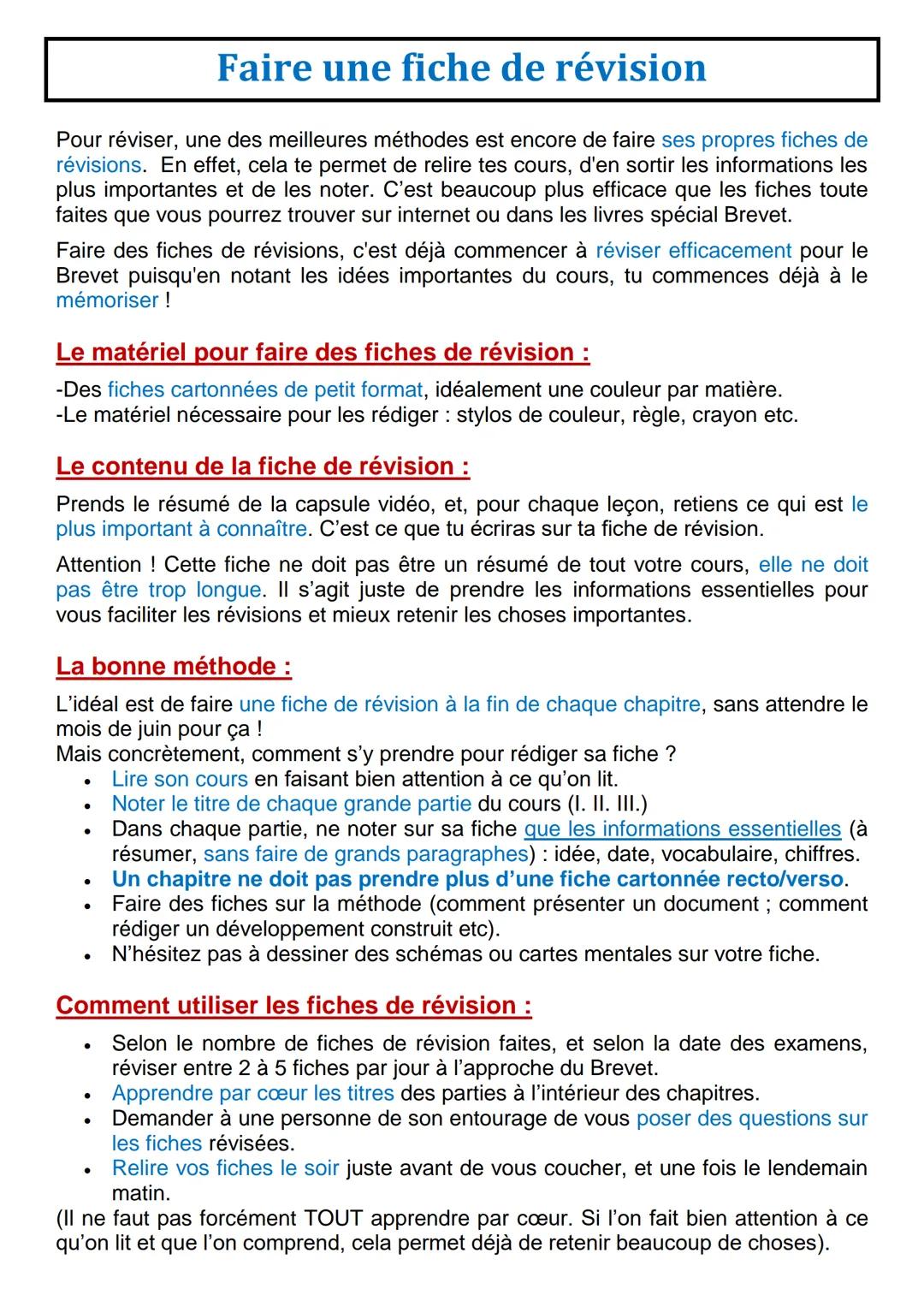 # Faire une fiche de révision
Pour réviser, une des meilleures méthodes est encore de faire ses propres fiches de
révisions. En effet, cela