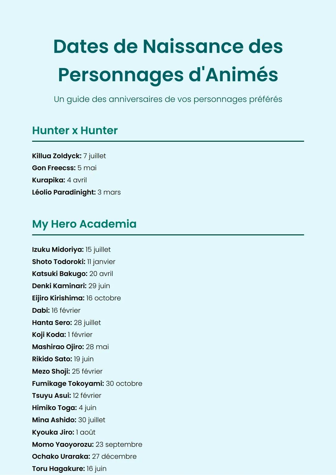 # Dates de Naissance des
# Personnages d'Animés
Un guide des anniversaires de vos personnages préférés
# Hunter x Hunter
Killua Zoldyck: 7 j