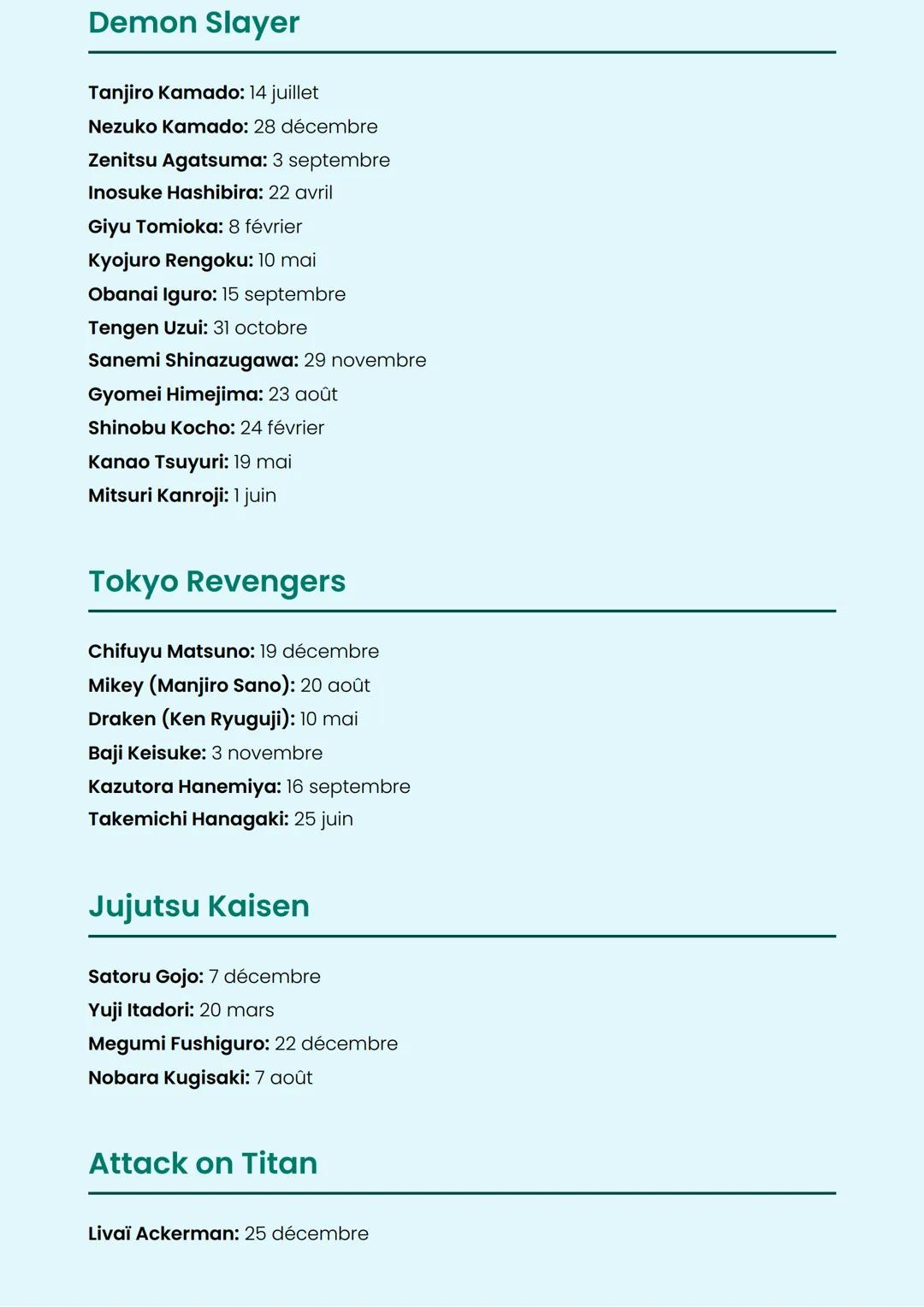 # Dates de Naissance des
# Personnages d'Animés
Un guide des anniversaires de vos personnages préférés
# Hunter x Hunter
Killua Zoldyck: 7 j