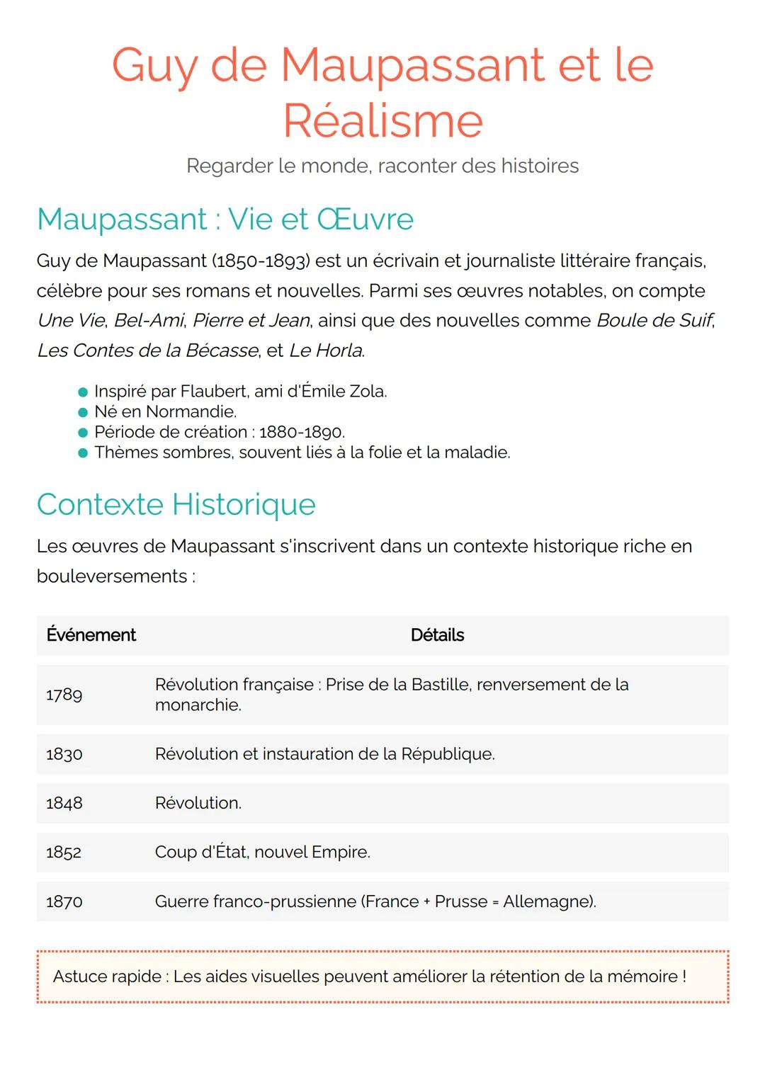 Guy de Maupassant et le
Réalisme
Regarder le monde, raconter des histoires
Maupassant: Vie et Œuvre
Guy de Maupassant (1850-1893) est un écr