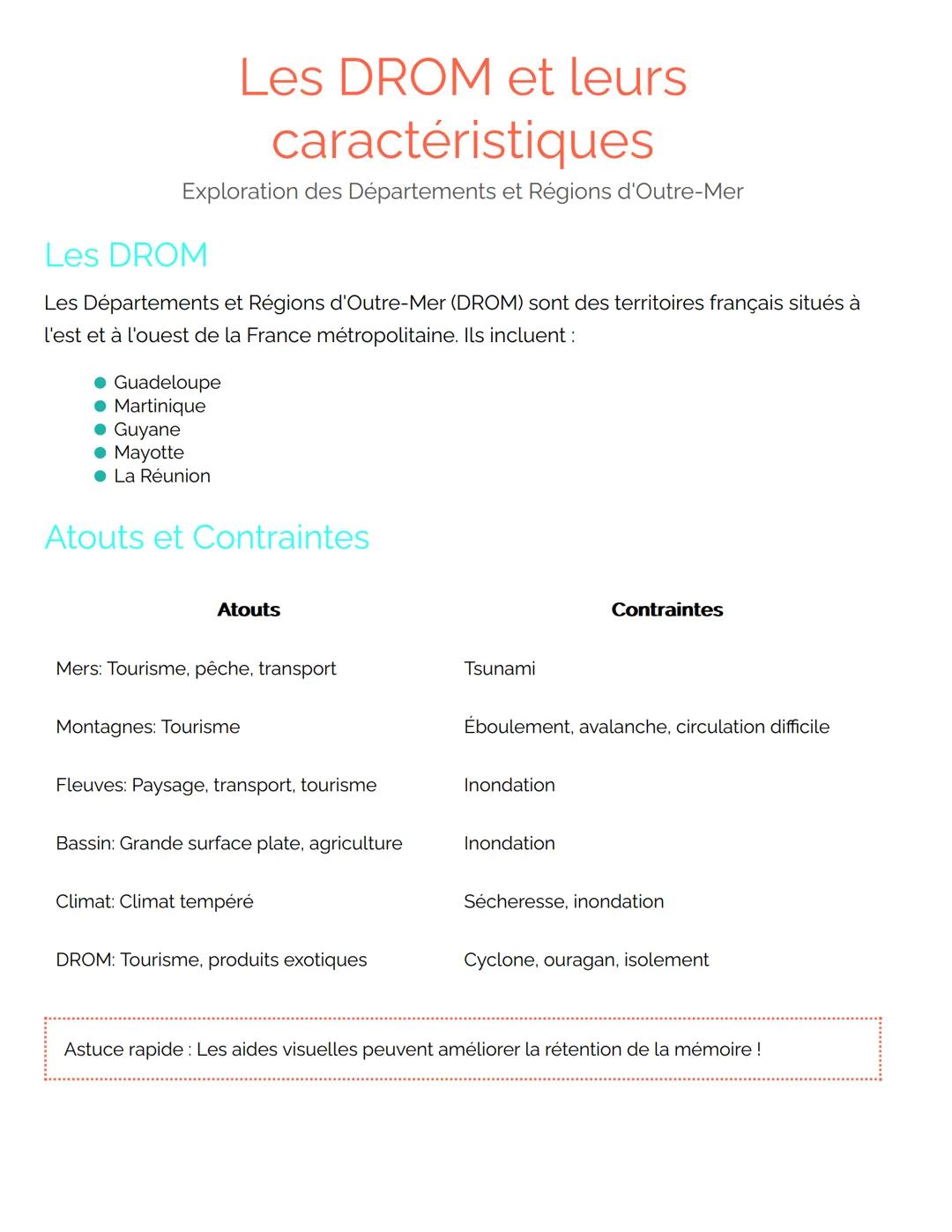 # Les DROM et leurs
caractéristiques
Exploration des Départements et Régions d'Outre-Mer
Les DROM
Les Départements et Régions d'Outre-Mer
