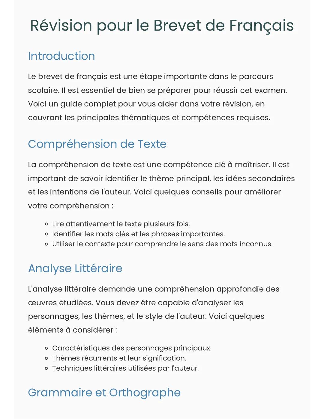 Révision pour le Brevet de Français