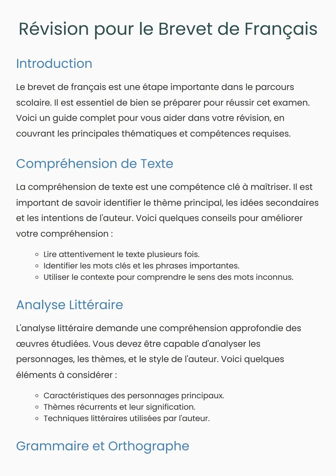 Révision pour le Brevet de Français
Introduction
Le brevet de français est une étape importante dans le parcours
scolaire. Il est essentiel