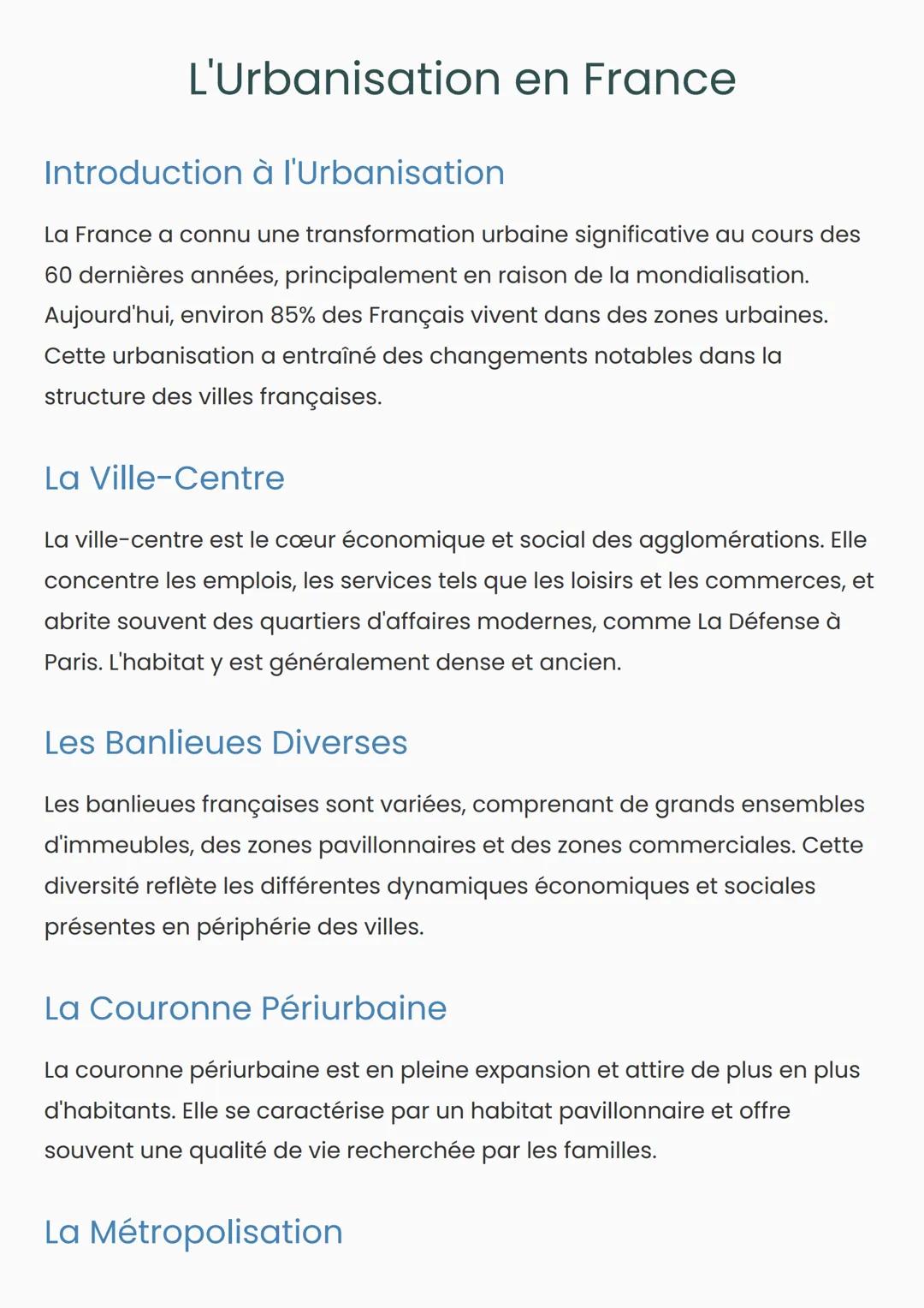 L'Urbanisation en France
Introduction à l'Urbanisation
La France a connu une transformation urbaine significative au cours des
60 dernières