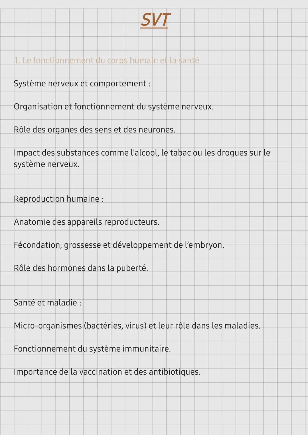SVT
1. Le fonctionnement du corps humain et la santé
Système nerveux et comportement :
Organisation et fonctionnement du système nerveux.
Rô