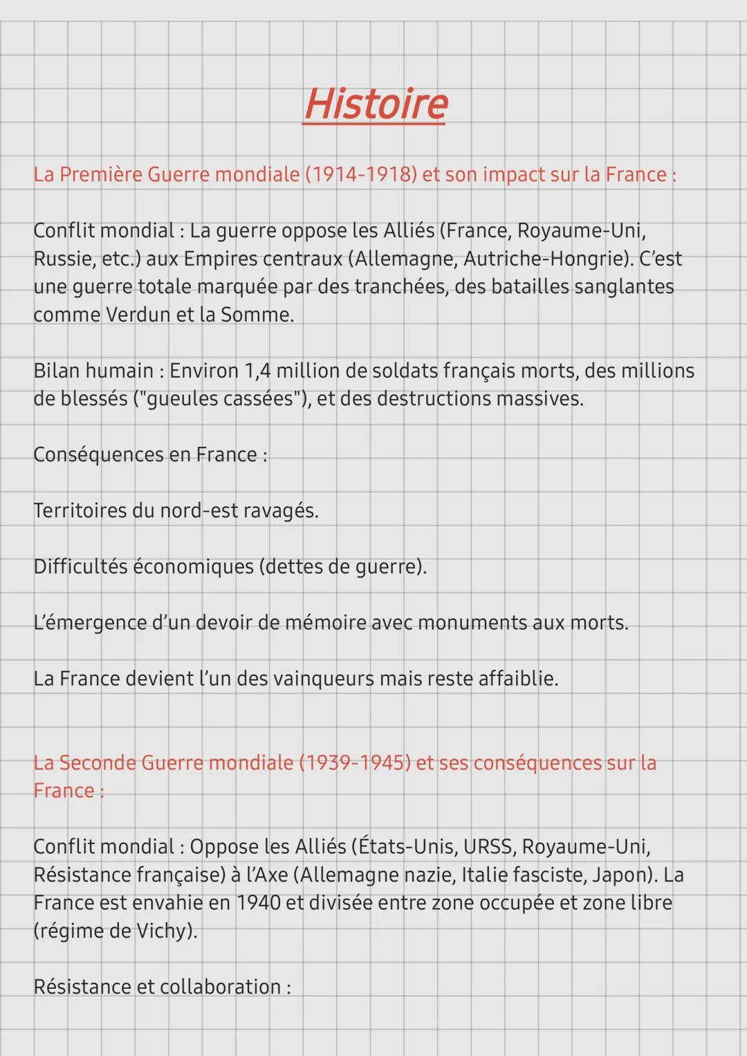 Histoire
La Première Guerre mondiale (1914-1918) et son impact sur la France:
Conflit mondial : La guerre oppose les Alliés (France, Royaume