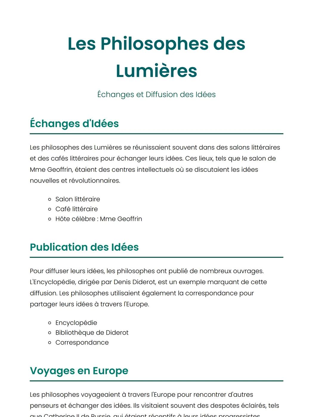 Les Philosophes des
Lumières
Échanges et Diffusion des Idées
Échanges d'idées
Les philosophes des Lumières se réunissaient souvent dans des