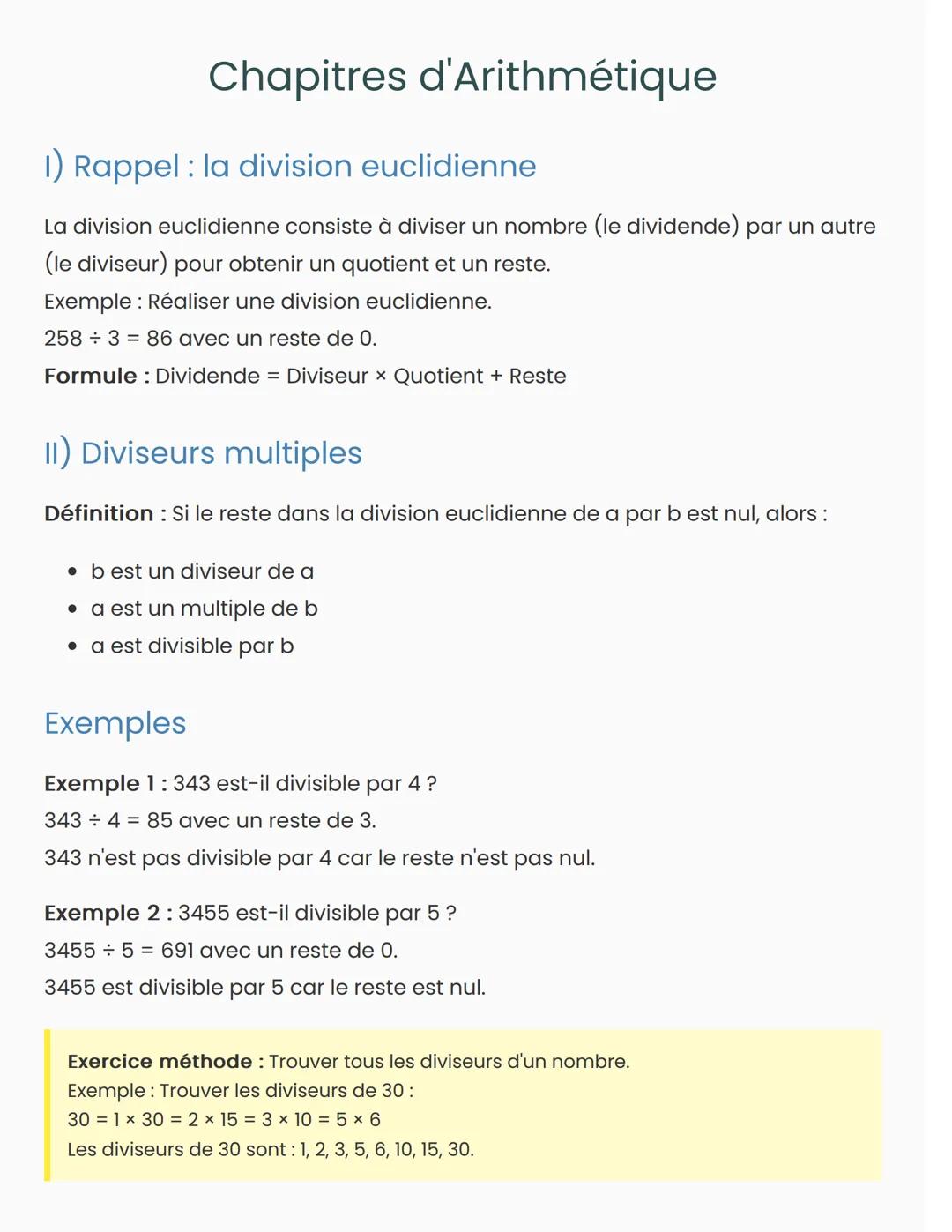 Chapitres d'Arithmétique
1) Rappel : la division euclidienne
La division euclidienne consiste à diviser un nombre (le dividende) par un autr