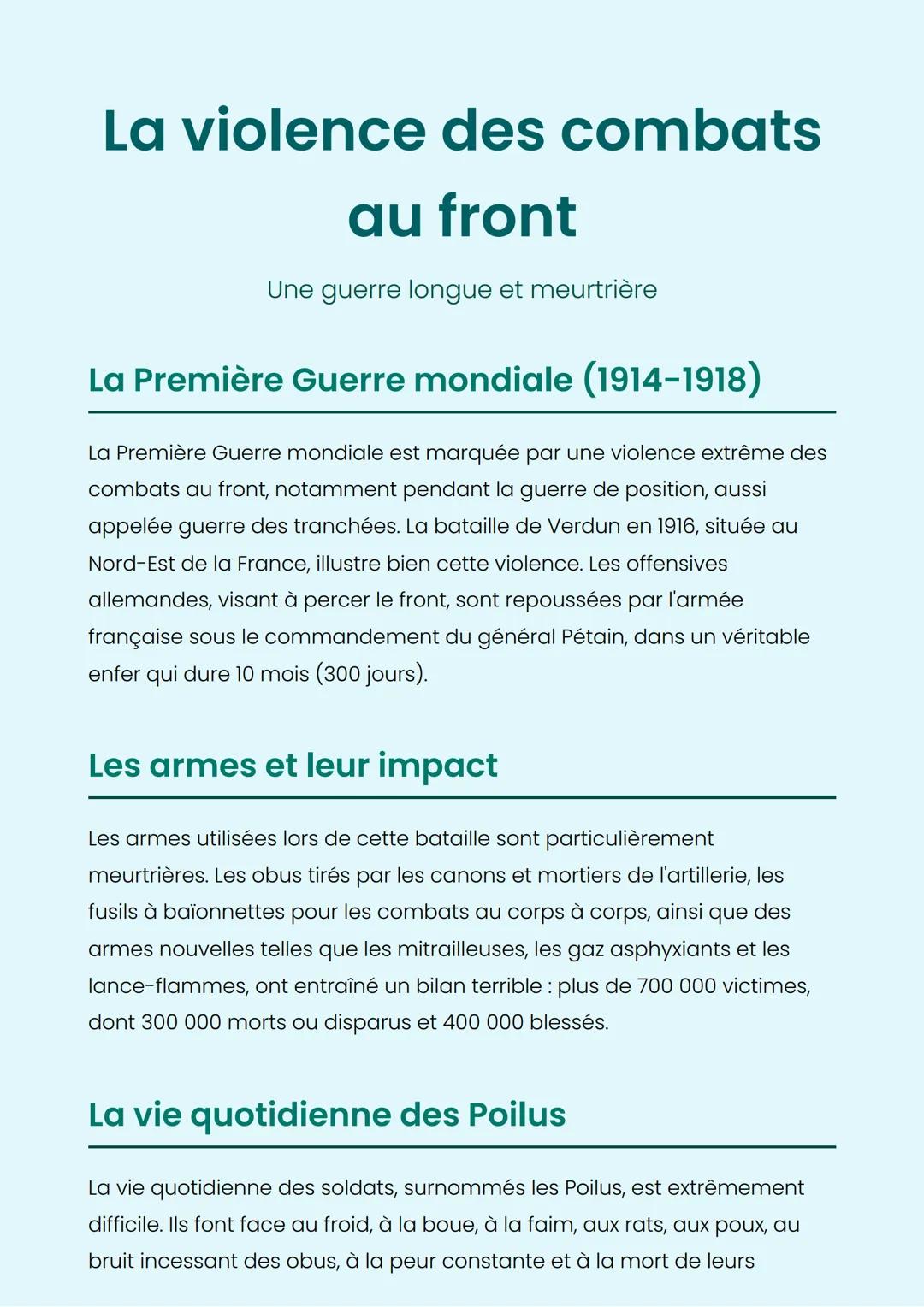 La violence des combats
au front
Une guerre longue et meurtrière
La Première Guerre mondiale (1914-1918)
La Première Guerre mondiale est mar