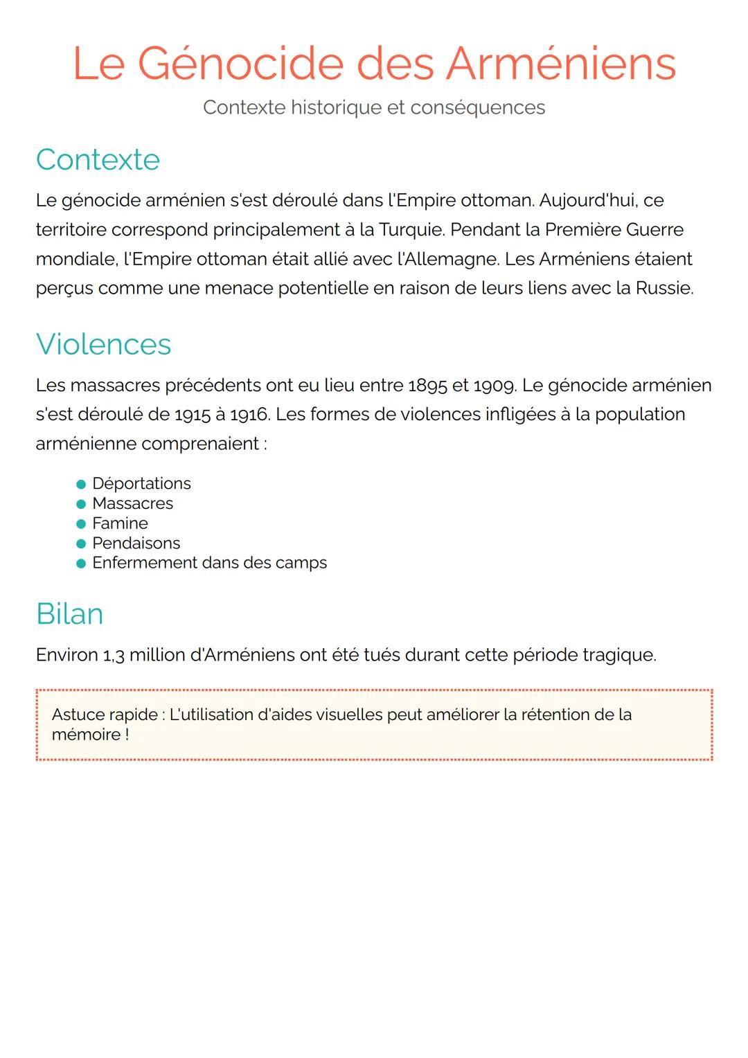 Le Génocide des Arméniens
Contexte historique et conséquences
Contexte
Le génocide arménien s'est déroulé dans l'Empire ottoman. Aujourd'hui
