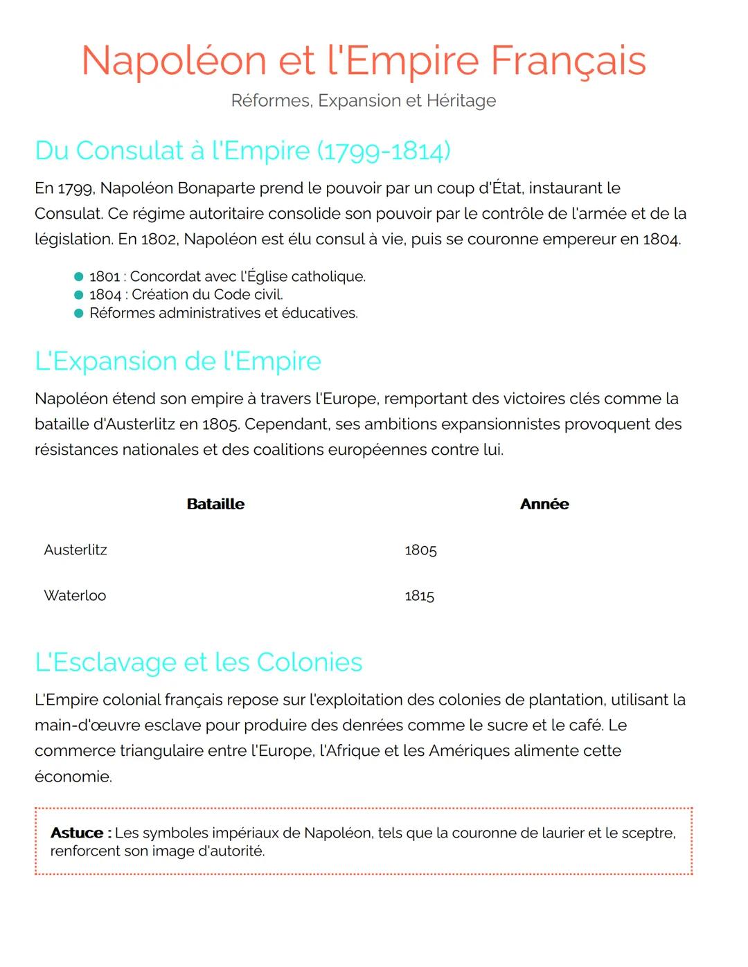 Napoléon et l'Empire Français
Réformes, Expansion et Héritage
Du Consulat à l'Empire (1799-1814)
En 1799, Napoléon Bonaparte prend le pouvoi