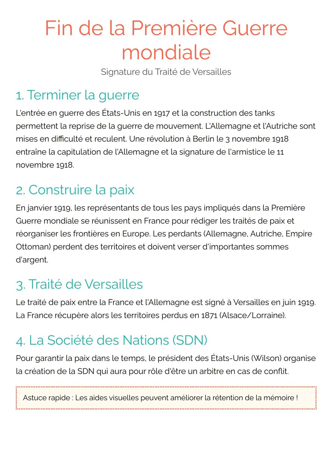# Fin de la Première Guerre
mondiale
Signature du Traité de Versailles
1. Terminer la guerre
L'entrée en guerre des États-Unis en 1917 e