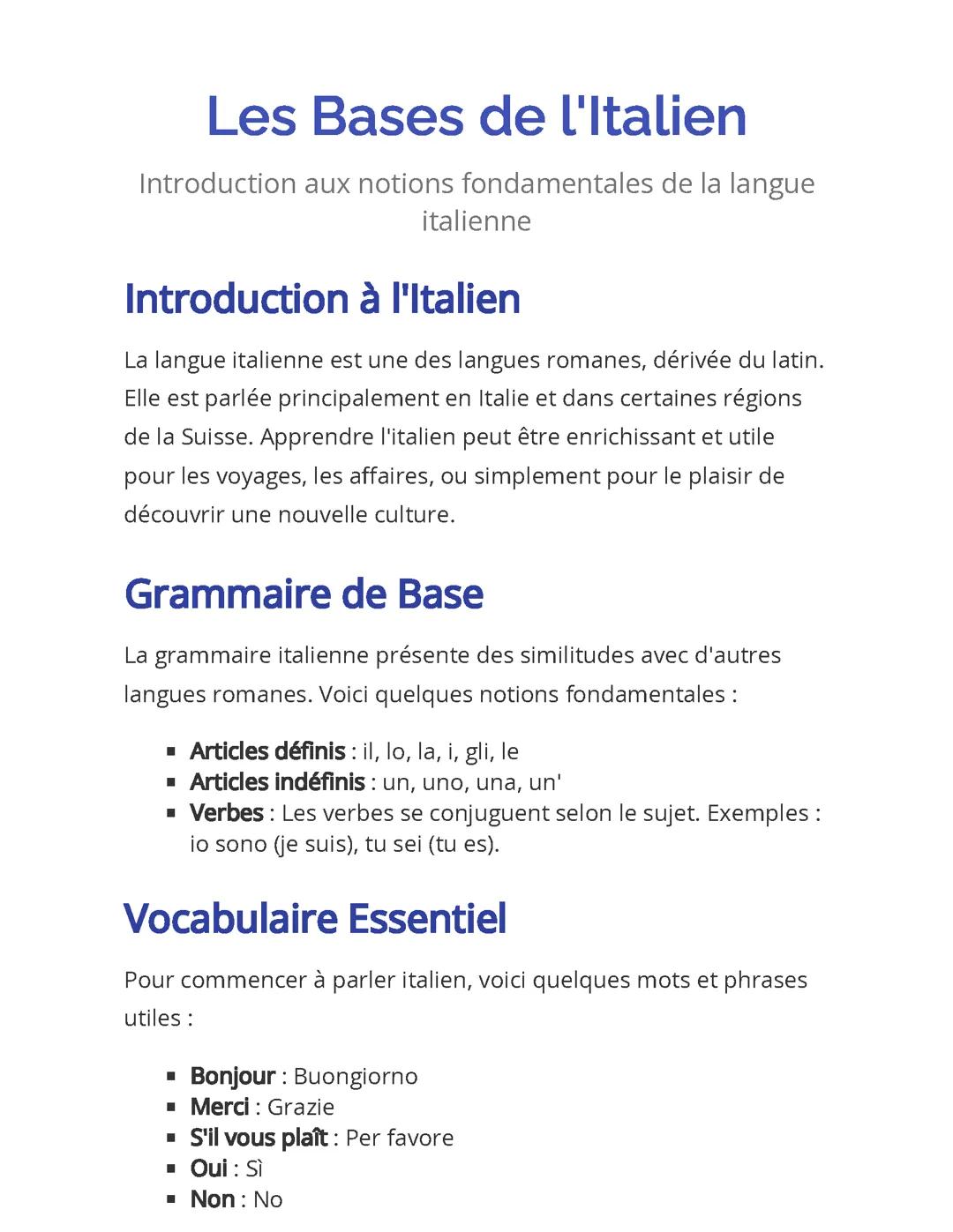 Les Bases de l'Italien