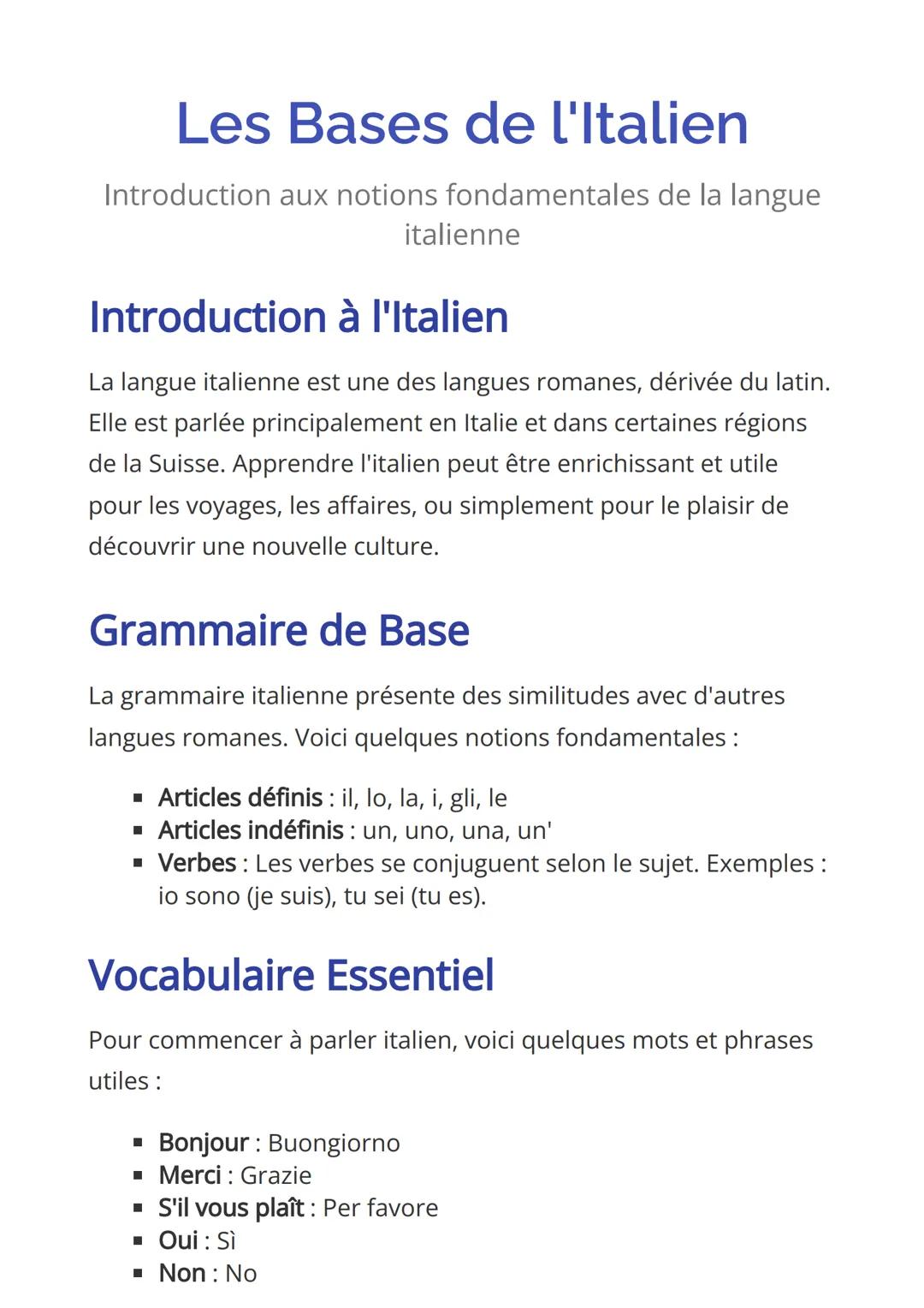 Les Bases de l'Italien
Introduction aux notions fondamentales de la langue
italienne
Introduction à l'Italien
La langue italienne est une de